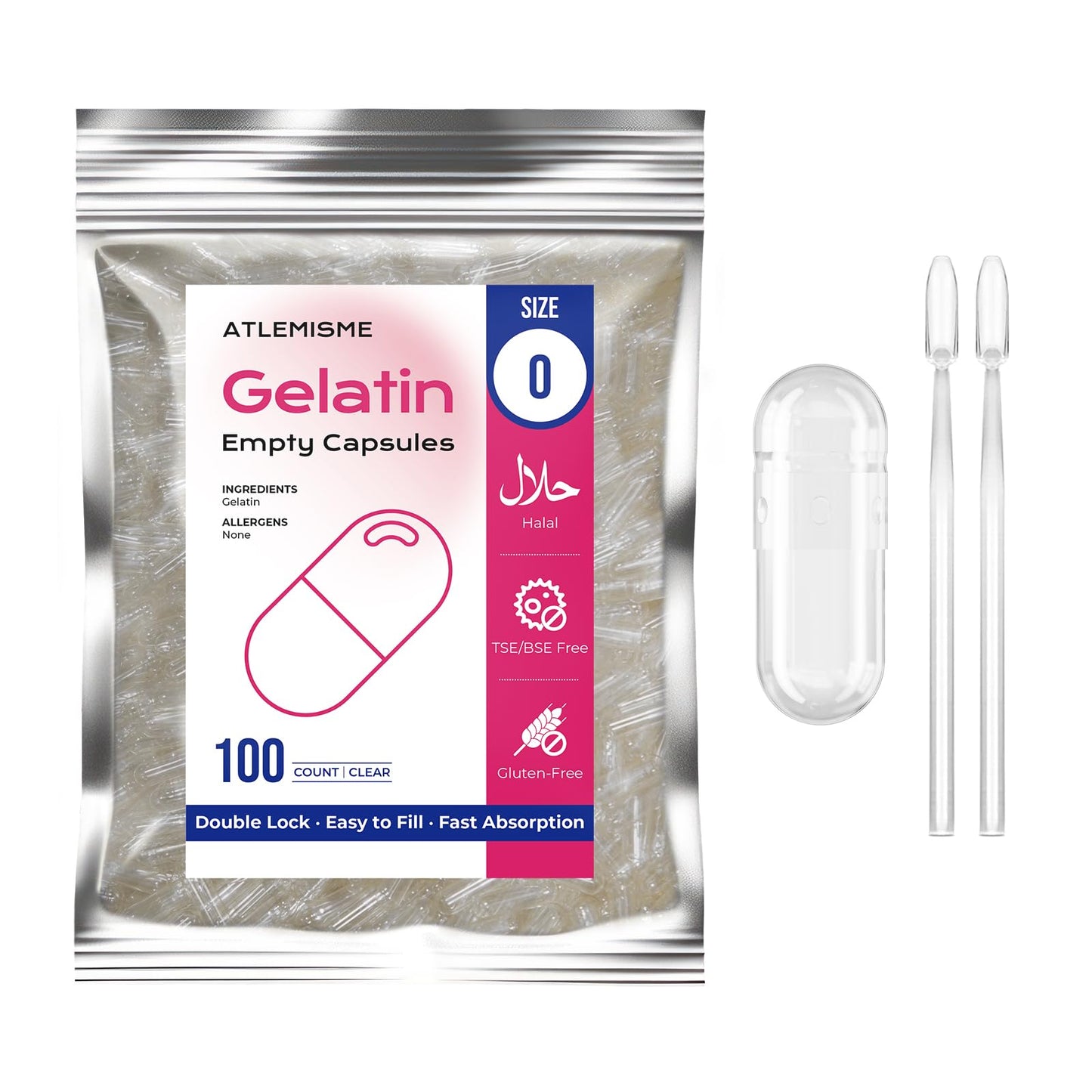 ATLEMISME Empty Gelatin Capsules Size 0 - Clear Empty Capsules 100 Count - Kosher and Halal Pure Gelatin Pill Capsule - DIY Powder Filling - Fillable