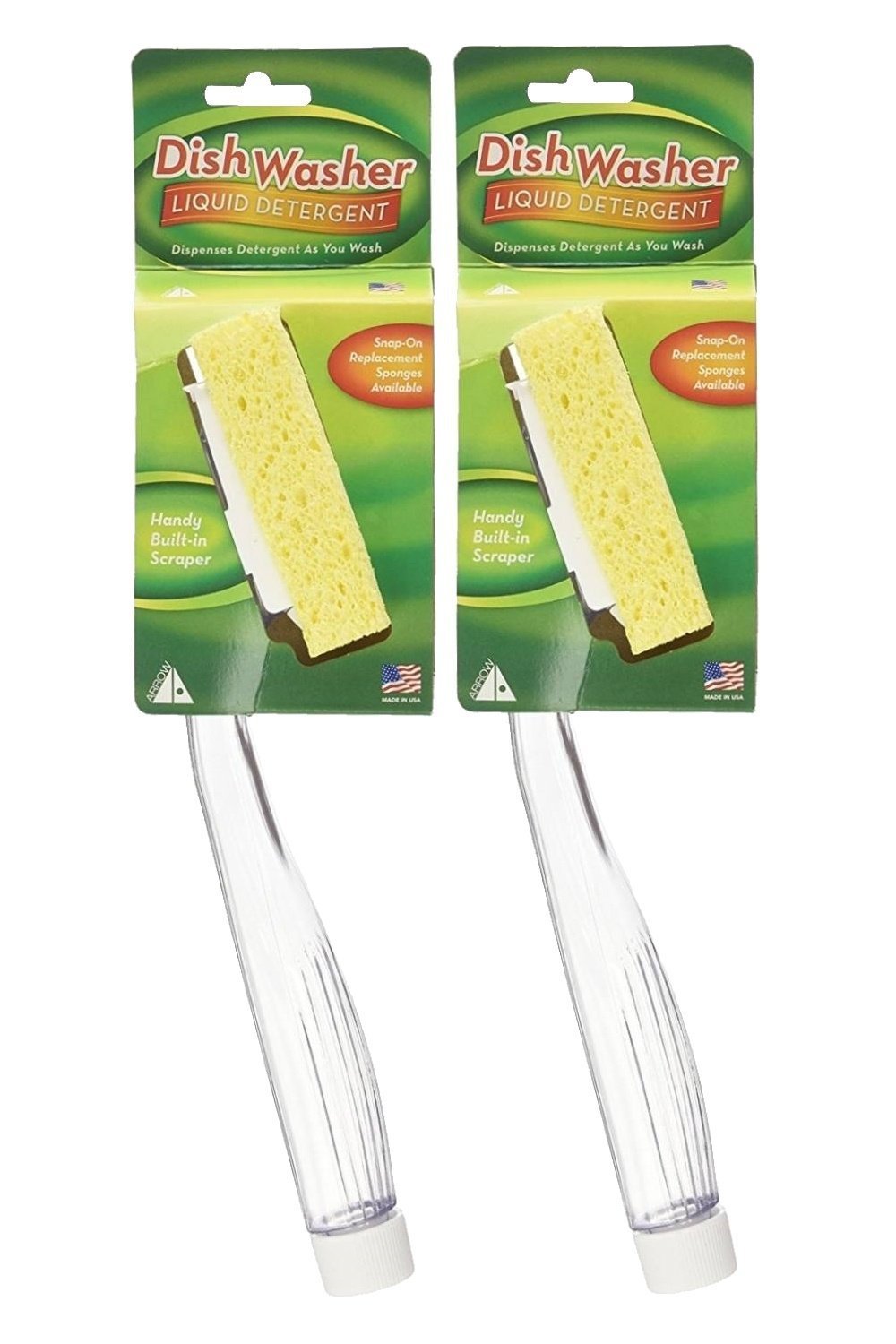 Arrow Dish Sponge w/Soap Dispenser Handle, 2pk - Fillable Dish Wand for Quick, Convenient Cleaning - Easy to Refill - Built-In Scrubber for Dishes