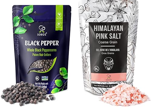 Soeos Whole Black Peppercorns 12oz + Himalayan Pink Salt 2lb, Salt and Pepper for Grinders, Black Peppercorn Refil, Pink Himalayan Sea Salt, 2 Piece