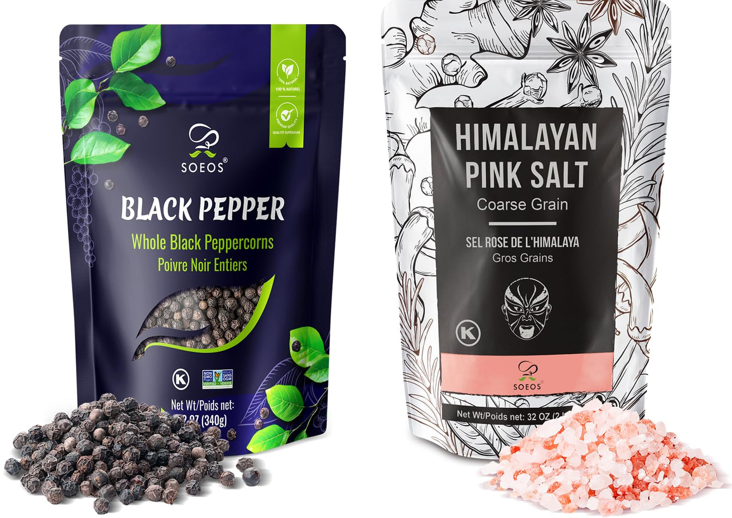 Soeos Whole Black Peppercorns 12oz + Himalayan Pink Salt 2lb, Salt and Pepper for Grinders, Black Peppercorn Refil, Pink Himalayan Sea Salt, 2 Piece