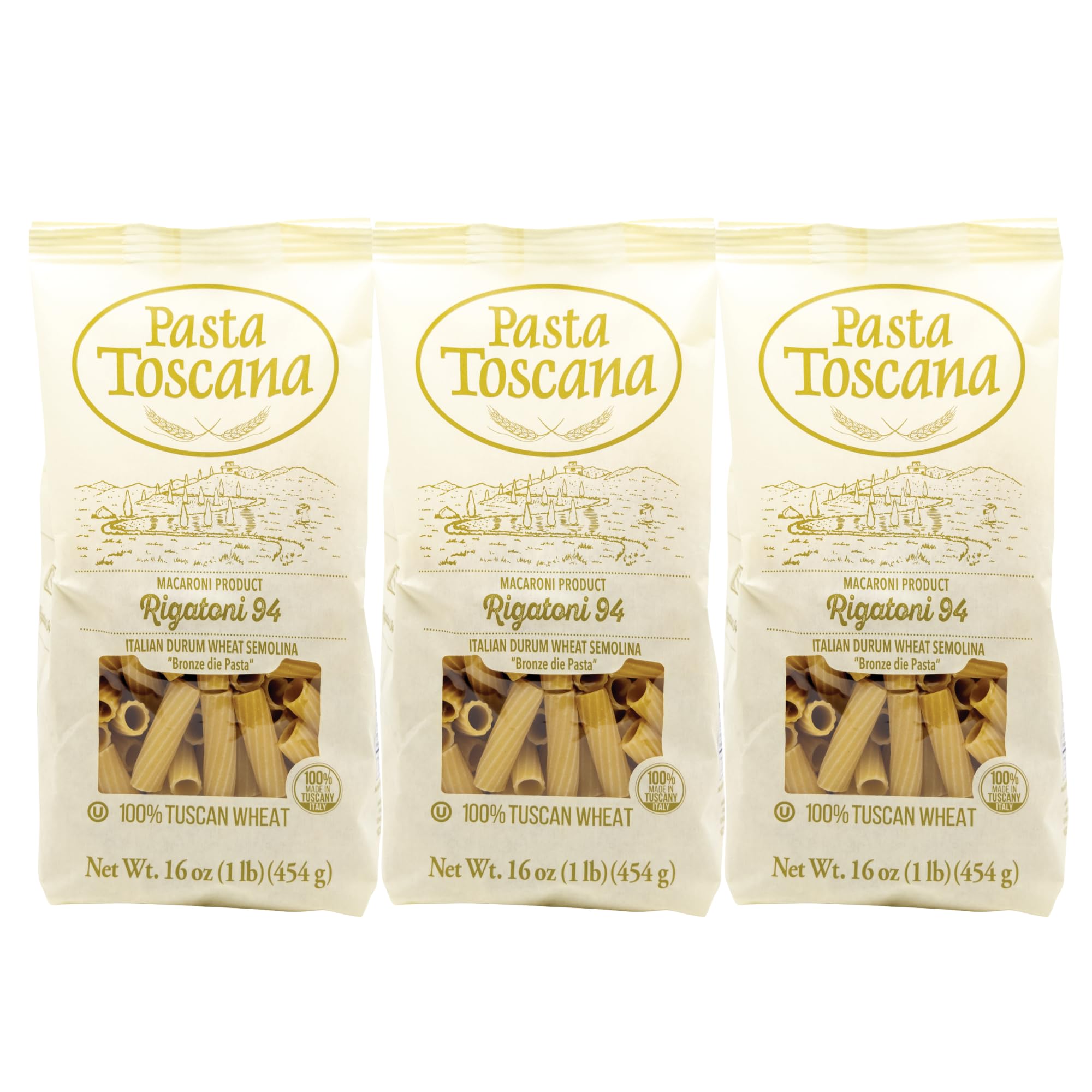 Pasta Toscana | Bronze Die Pasta | Italian Durum Wheat Semolina | Bronze die Pasta, 16 oz (Pack of 3, Rigatoni)