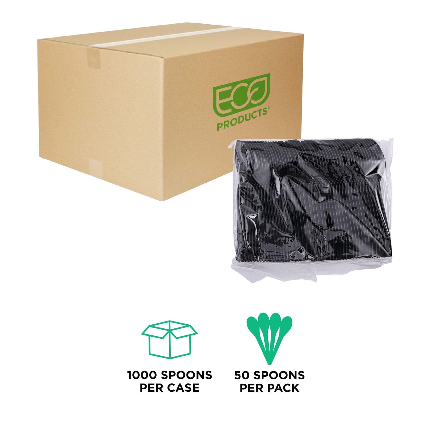 Eco-Products Recycled Plastic 6" Spoons, Case of 1000, 100% Post-Consumer Recycled Content Cutlery, Black Spoon, Heat Tolerance of 180° F, No Virgin