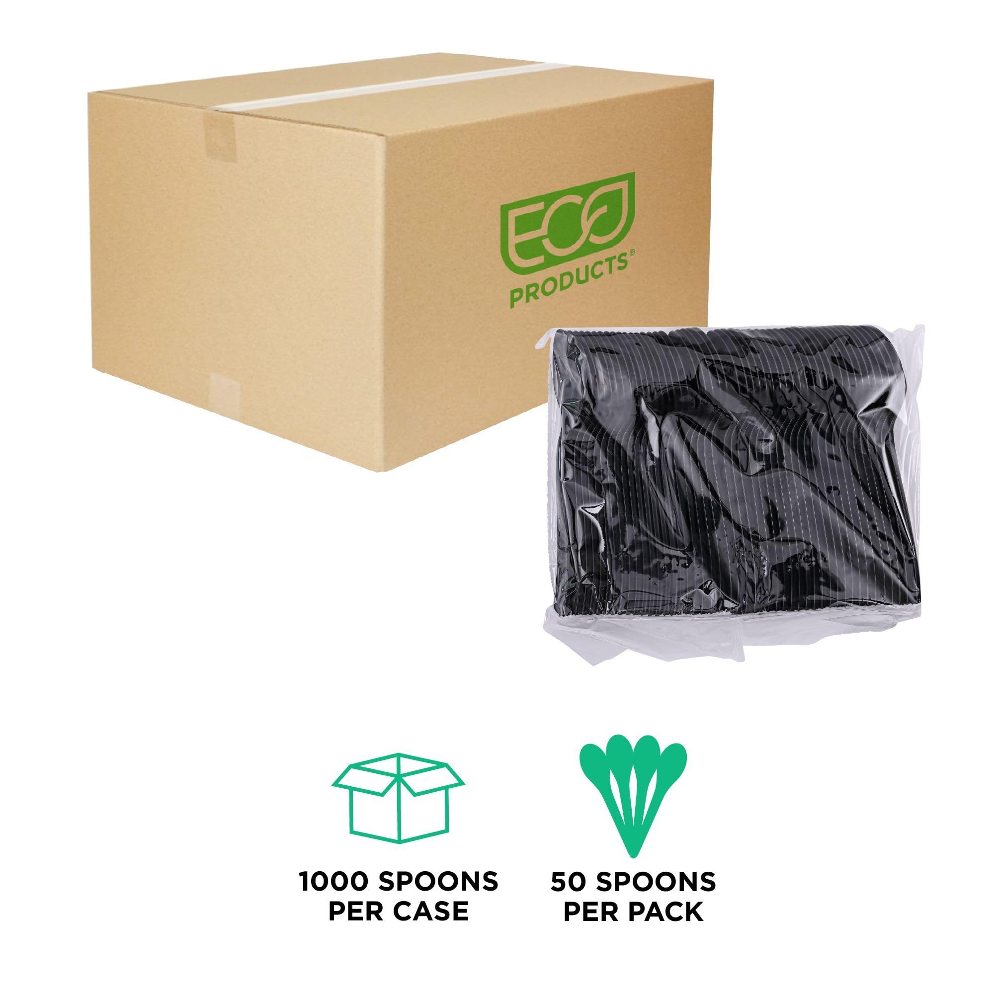 Eco-Products Recycled Plastic 6" Spoons, Case of 1000, 100% Post-Consumer Recycled Content Cutlery, Black Spoon, Heat Tolerance of 180° F, No Virgin