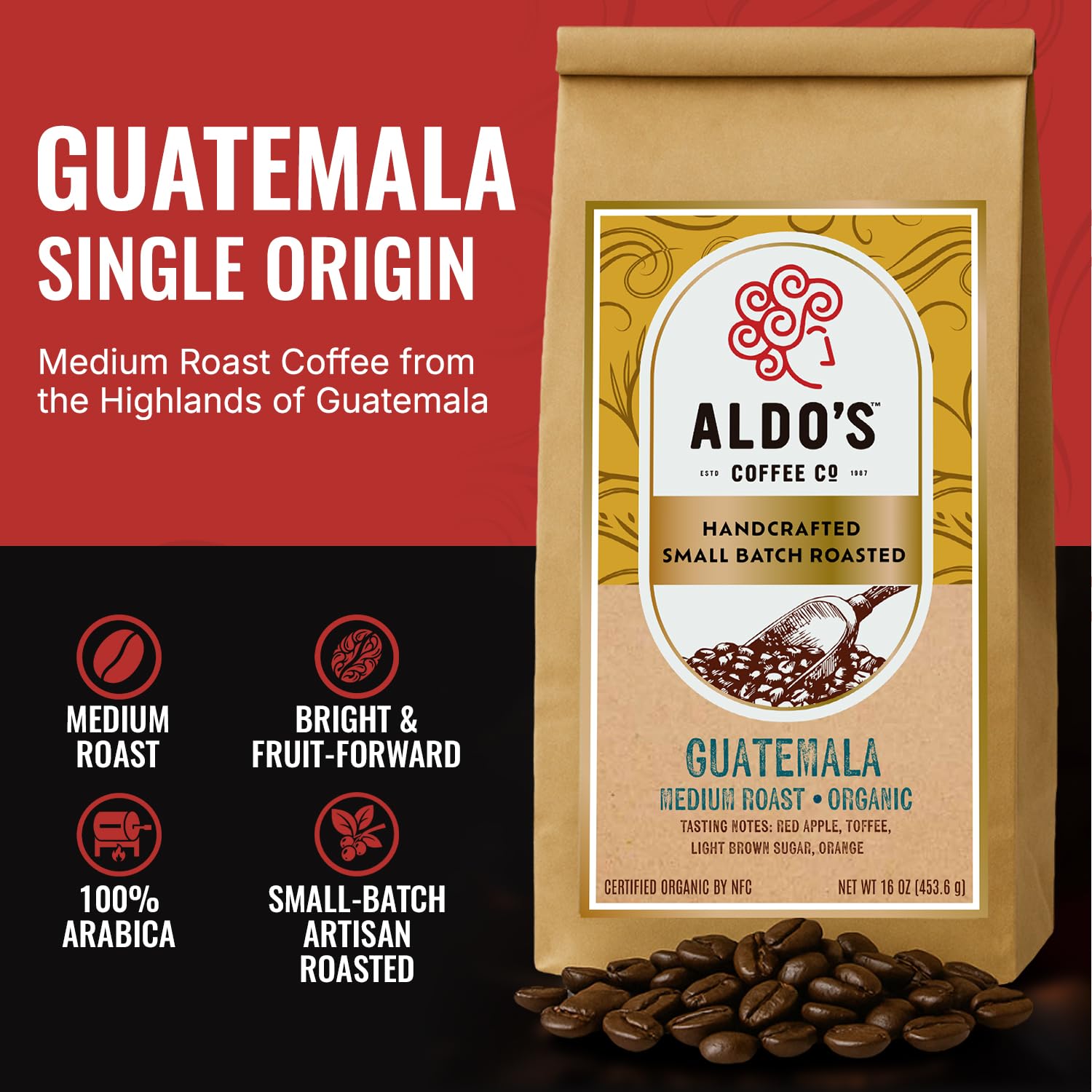 Aldo’s Coffee Company Guatemala Single Origin Whole Bean Coffee, Organic Medium Roast, 100% Arabica Beans from Guatemala, 16 oz