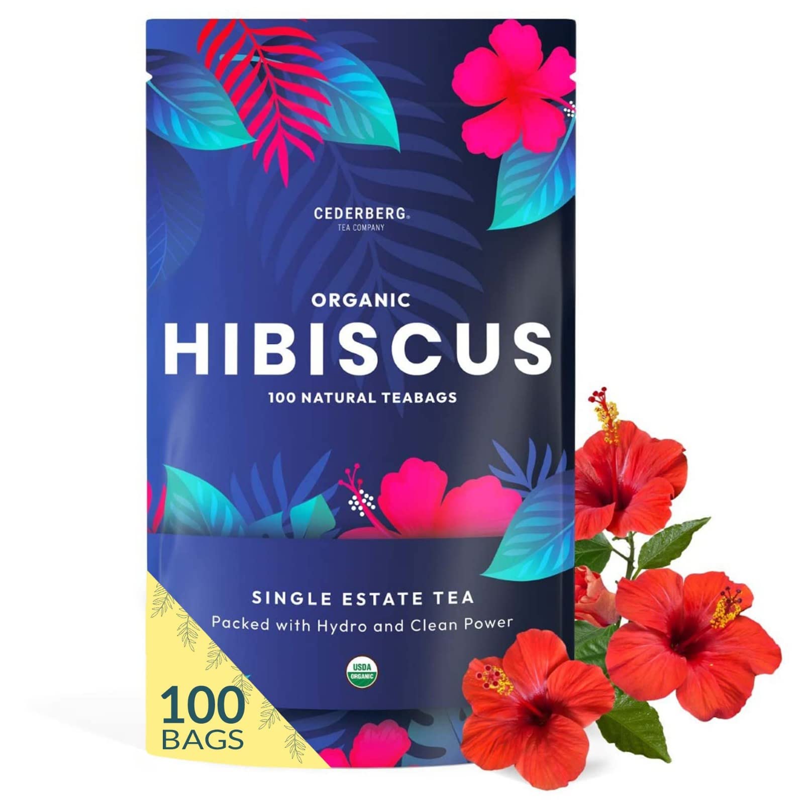 Organic Hibiscus Tea -100 Tea Bags | Organic Herbal Tea From Single Origin | Eco-Friendly Tea Bags | Non-GMO Caffeine Free Tea With Zero Sugar |