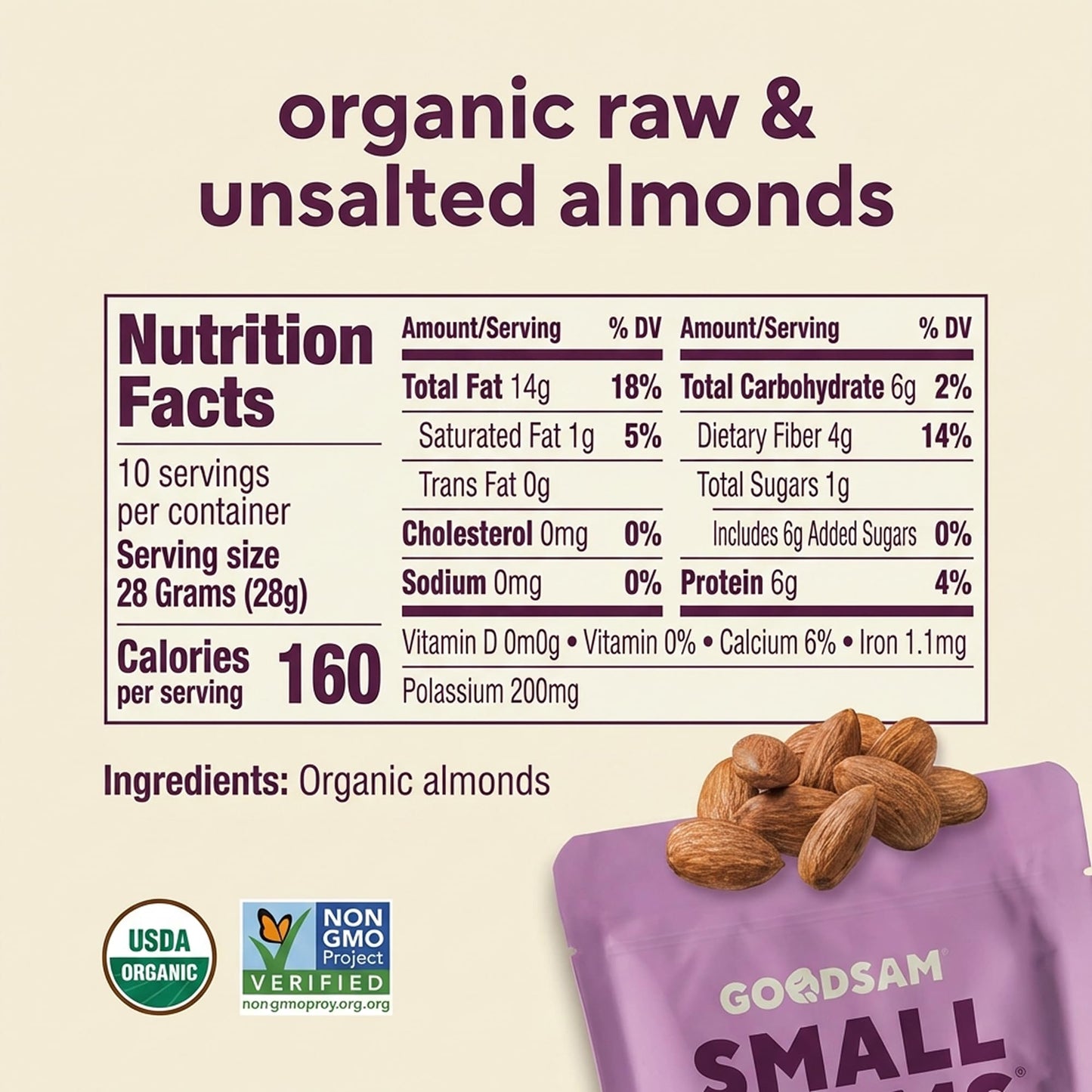 GoodSam Foods - Organic Raw & Unsalted Almonds 1.25lbs (2x10oz Bags) - Regeneratively Farmed California Almonds for Snacking Cooking and Baking
