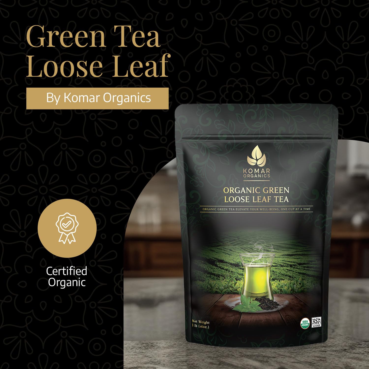 Komar Organics Loose Leaf Green Tea - 16Oz USDA Organic for Energy Boost, Antioxidants - Certified Kosher Delicate Flavor Assam Tea Organic Tea Leaves