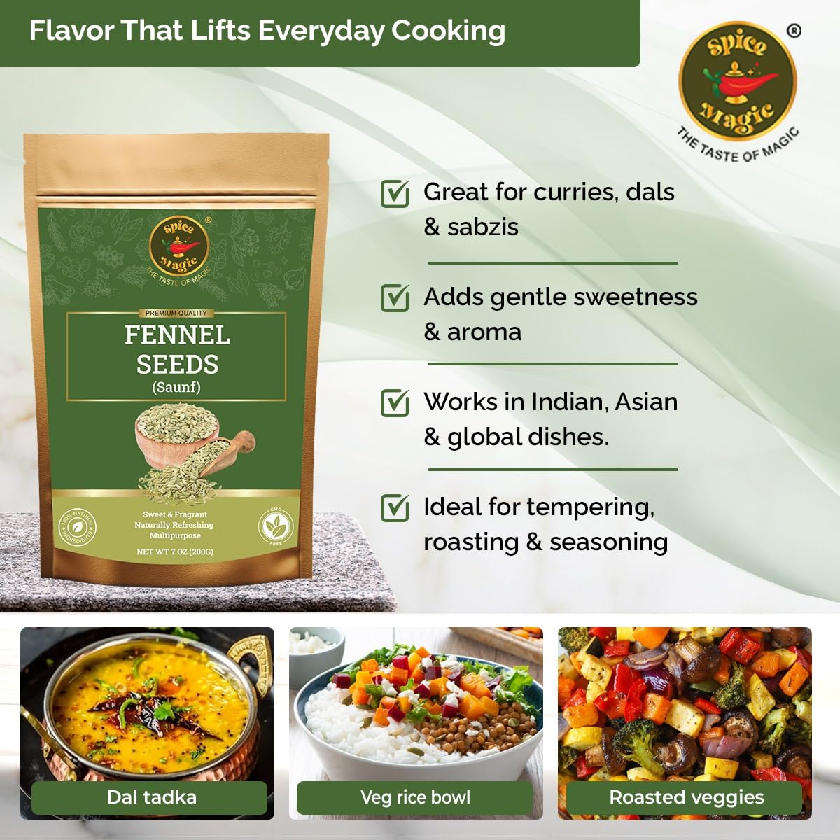 Spice Magic Fennel Seeds | Whole Fennel Seed 7oz (200g), 100% Natural, Fresh, Gourmet Spices and Seasonings for Cooking and Baking I Non-GMO I Indian