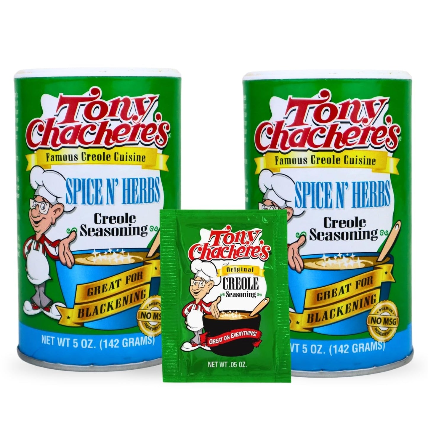 Tony Chachere's Creole and Cajun Seasoning Canisters (2 Pack + Packet) (2 Pack, Spice N' Herbs)