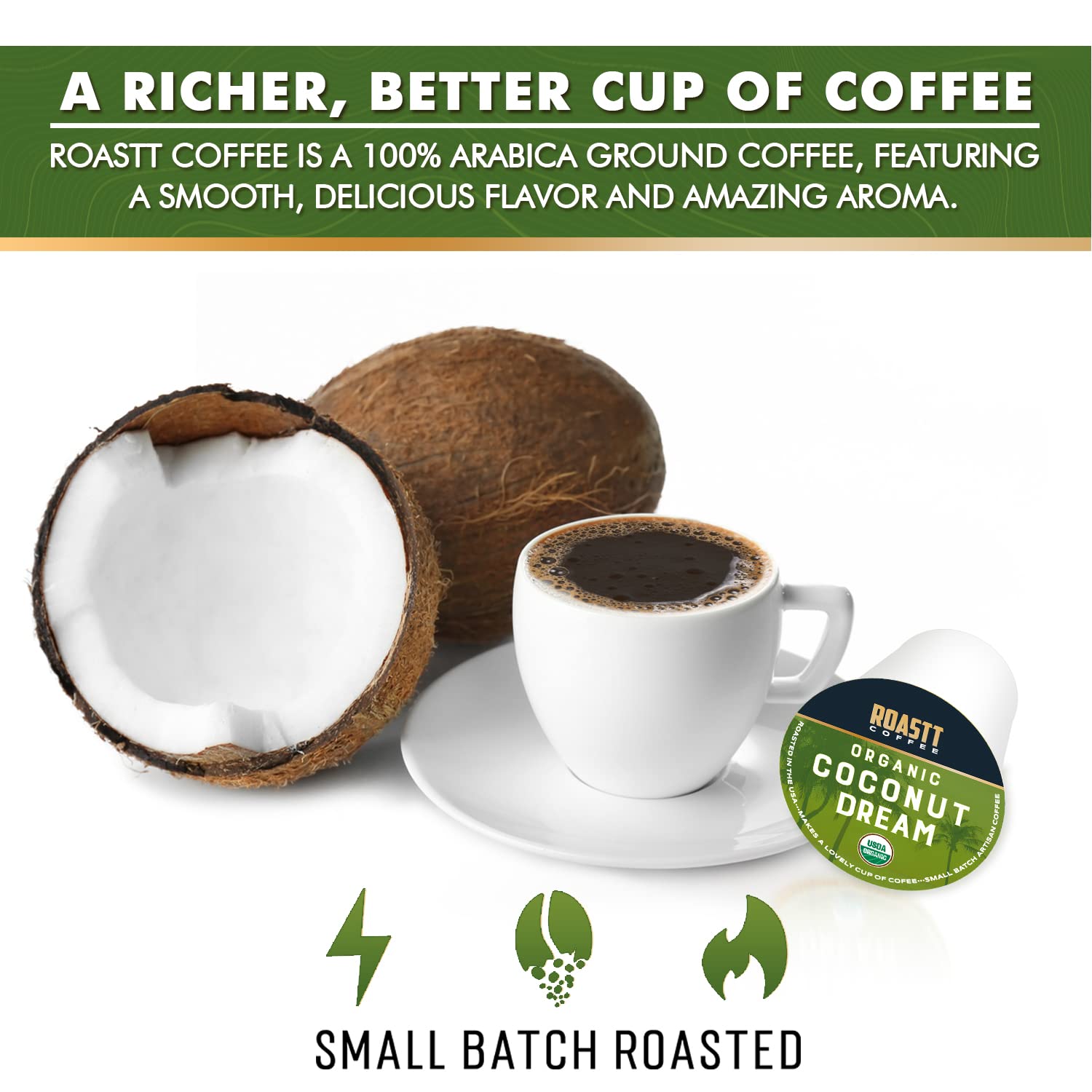 Organic Coconut Coffee Pods for Keurig K Cup Compatible Brewers, Organic Medium Roast Caffeinated Coconut Coffee Pods, Brew Hot or over Ice - Coconut