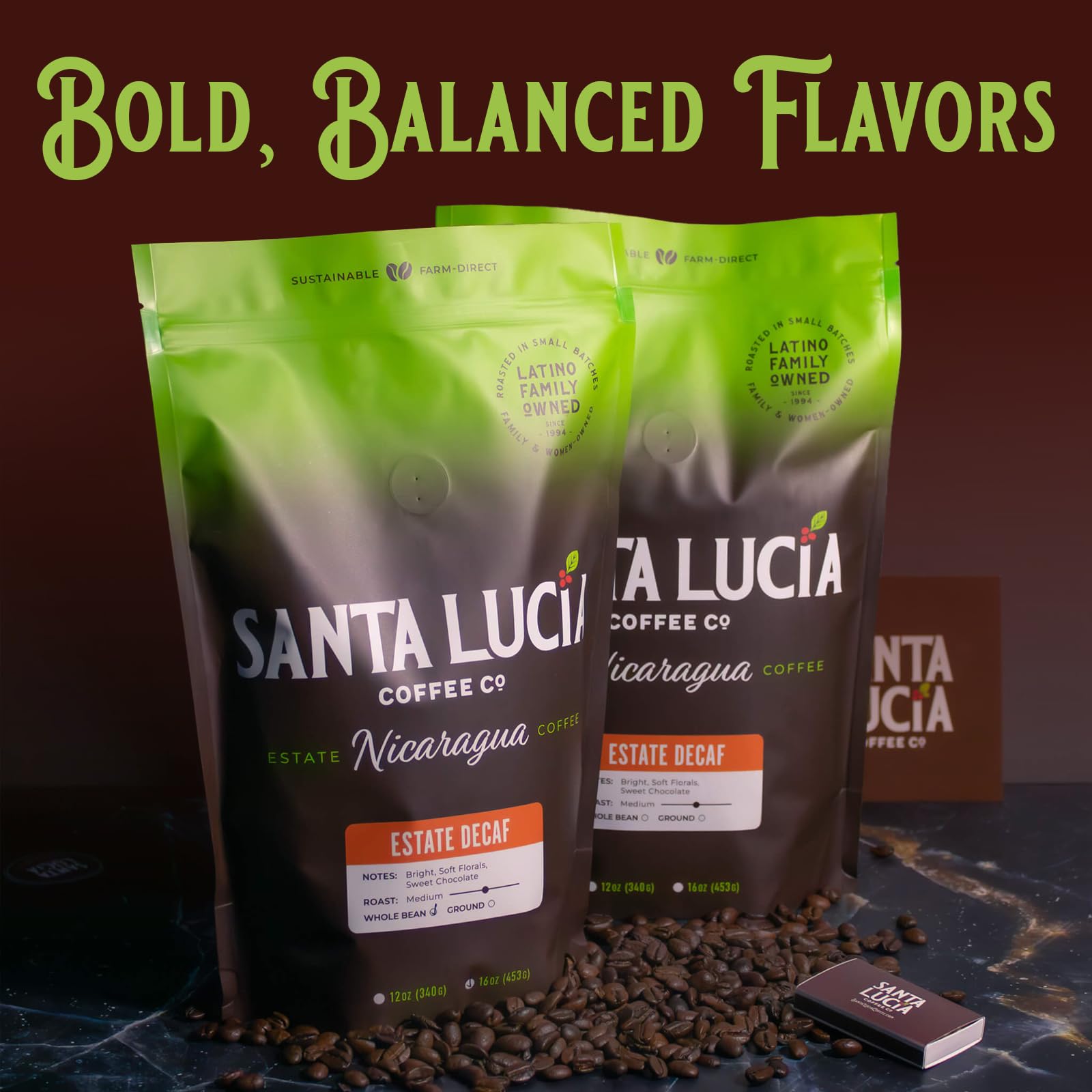Santa Lucia Coffee - Nicaraguan Estate Decaf Roast - Low Acid, 91 Point, SHG, Small Batch Roasted, Farm Direct, 100% Single-Origin Whole Bean, 1 Bag