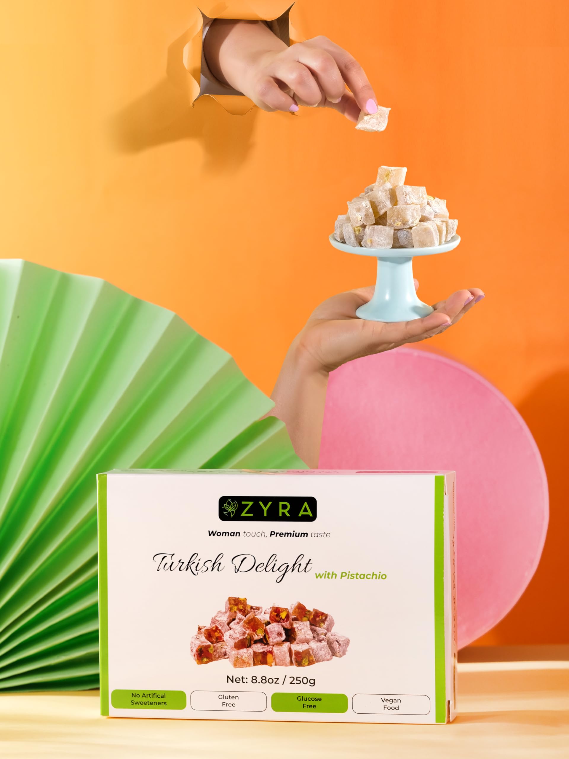 ZYRA Turkish Delight with Pistachio - 8.8oz - Woman Owned Brand - Luxury with Roasted Pistachio - Authentic Premium Lokum Confectionery - Gifts