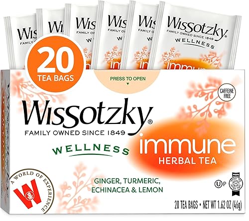 Wissotzky Wellness Immune Herbal Tea, 20 Tea Bags | Caffeine Free | With Ginger, Turmeric, Echinacea & Lemon | Herbal Tea for Immune Support & Daily