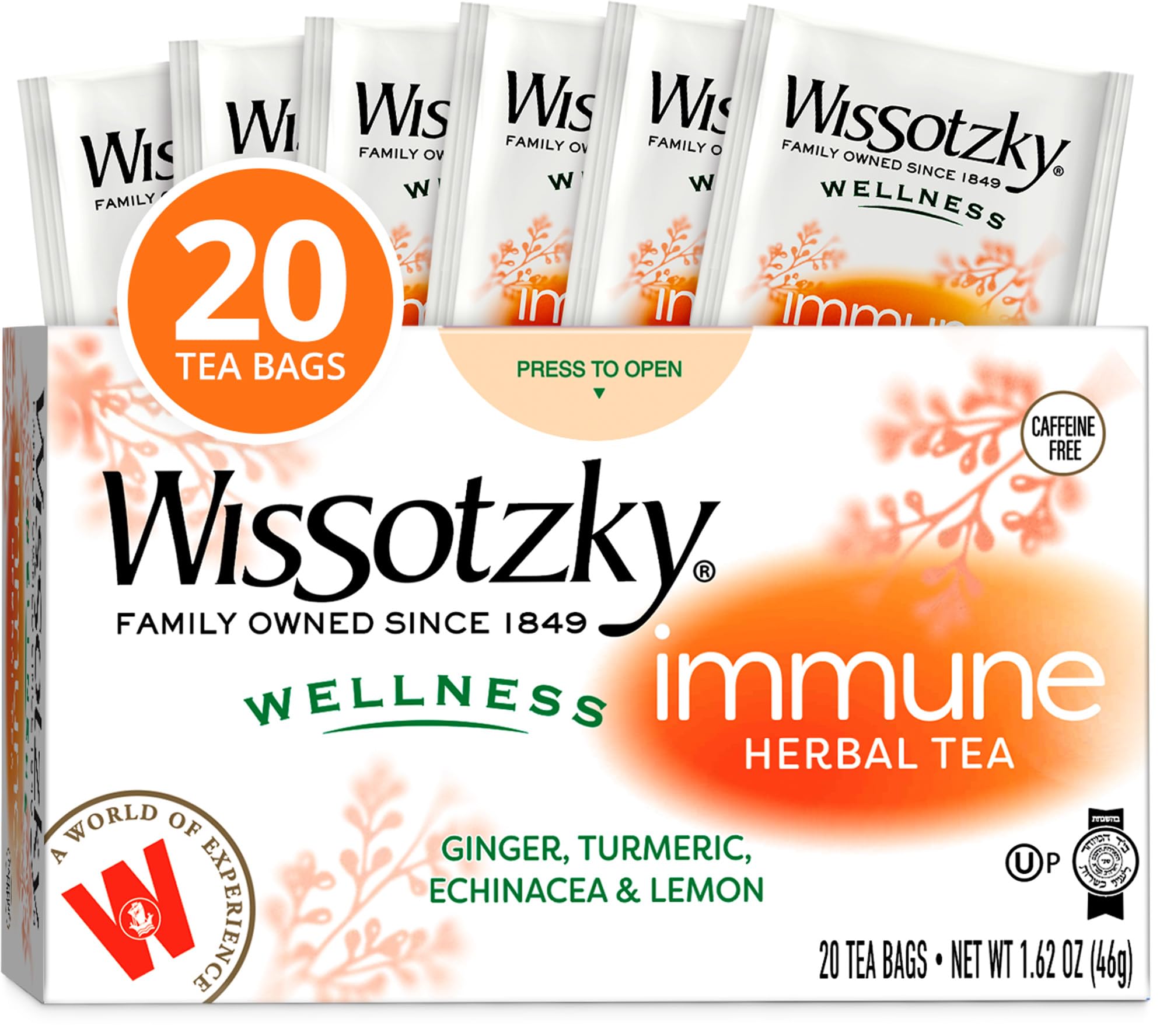 Wissotzky Wellness Immune Herbal Tea, 20 Tea Bags | Caffeine Free | With Ginger, Turmeric, Echinacea & Lemon | Herbal Tea for Immune Support & Daily