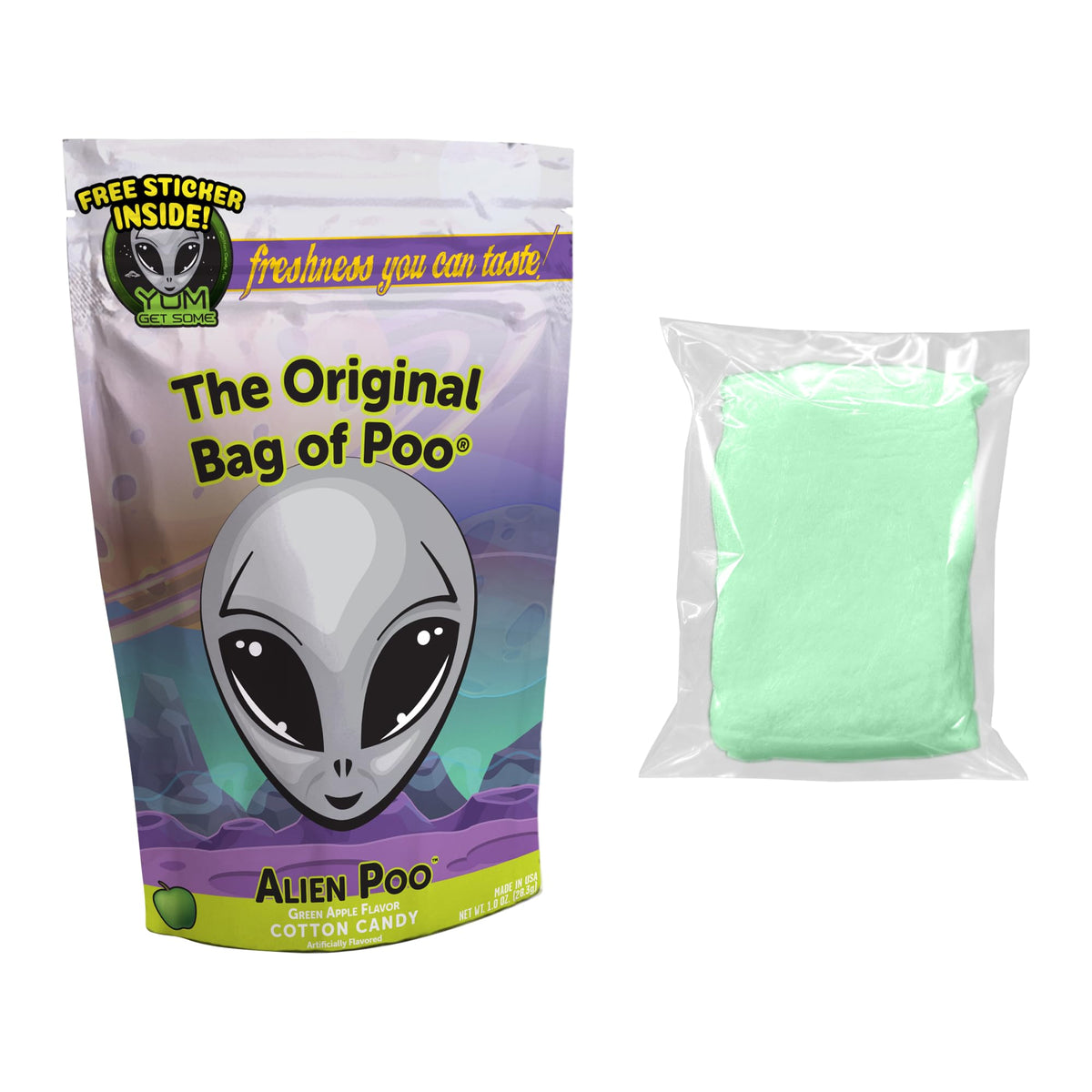 The Original Bag of Poo®, Alien Poo (Green Apple Flavor Cotton Candy) Novelty Poop Gag Gift. Free sticker inside.
