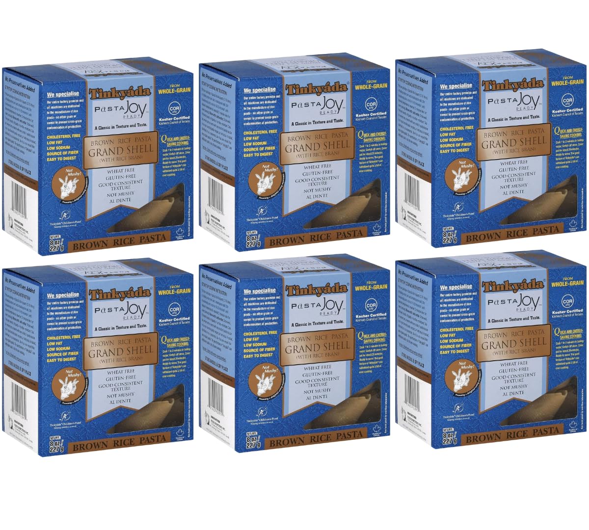 Tinkyada Grand Shell Brown Rice Pasta, Gluten Free, 8 oz Bags (Pack of 6) - Whole Grain Pasta for Everyday Meals