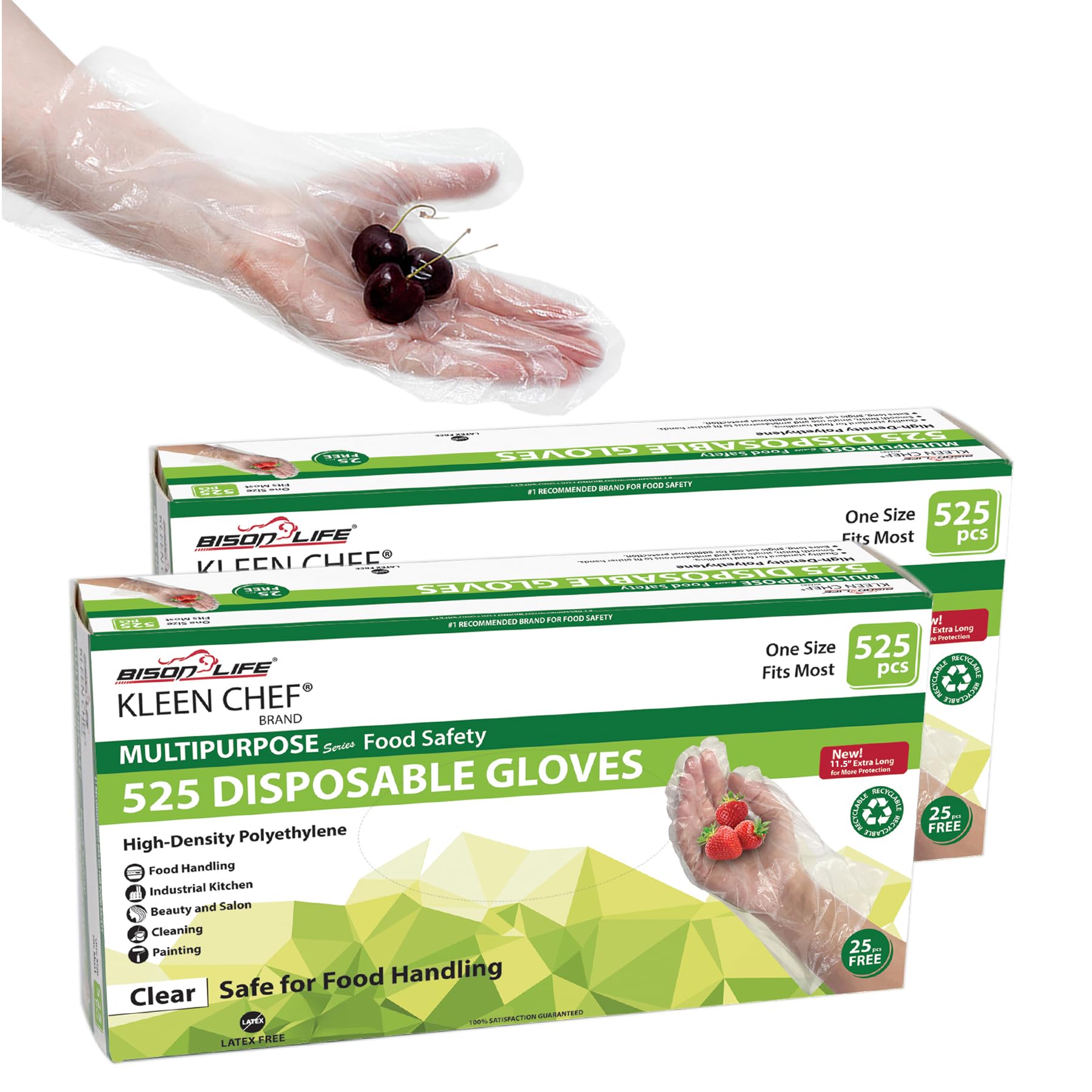 KLEEN CHEF Disposable Food Handling Long Cuff Poly Gloves | One Size Fits Most, 525 per Box (2 Boxes)