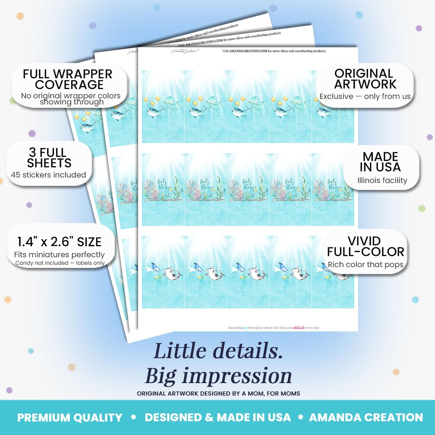 Amanda Creation Underwater Cute Sea Life Baby Sprinkle Baby Shower Mini Chocolate Candy Bar Sticker Wrappers, 45 1.4" x 2.6" Wrap Around Labels, Great