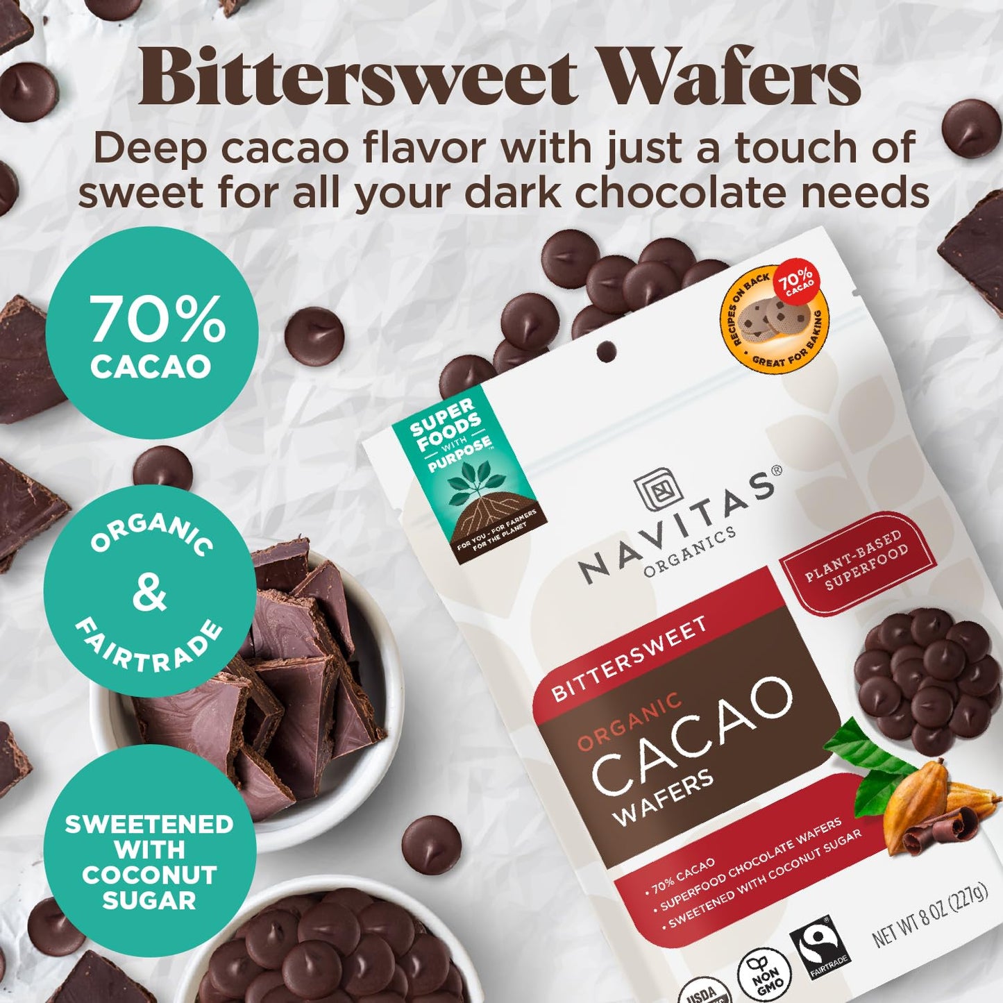 Navitas Organics Organic Bittersweet Cacao Wafers, 8oz - Organic, Fairtrade, Non-GMO, Gluten-Free