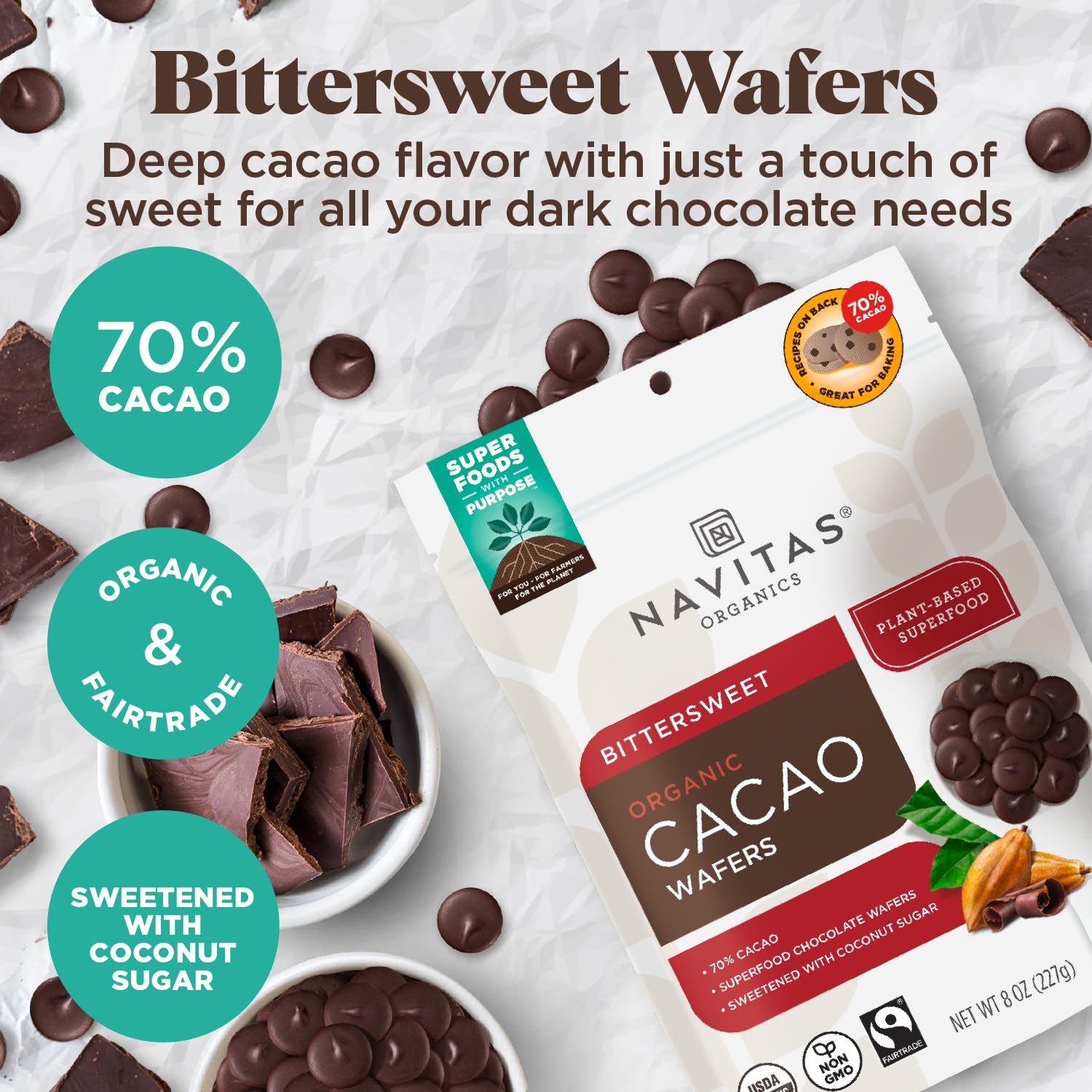 Navitas Organics Organic Bittersweet Cacao Wafers, 8oz - Organic, Fairtrade, Non-GMO, Gluten-Free