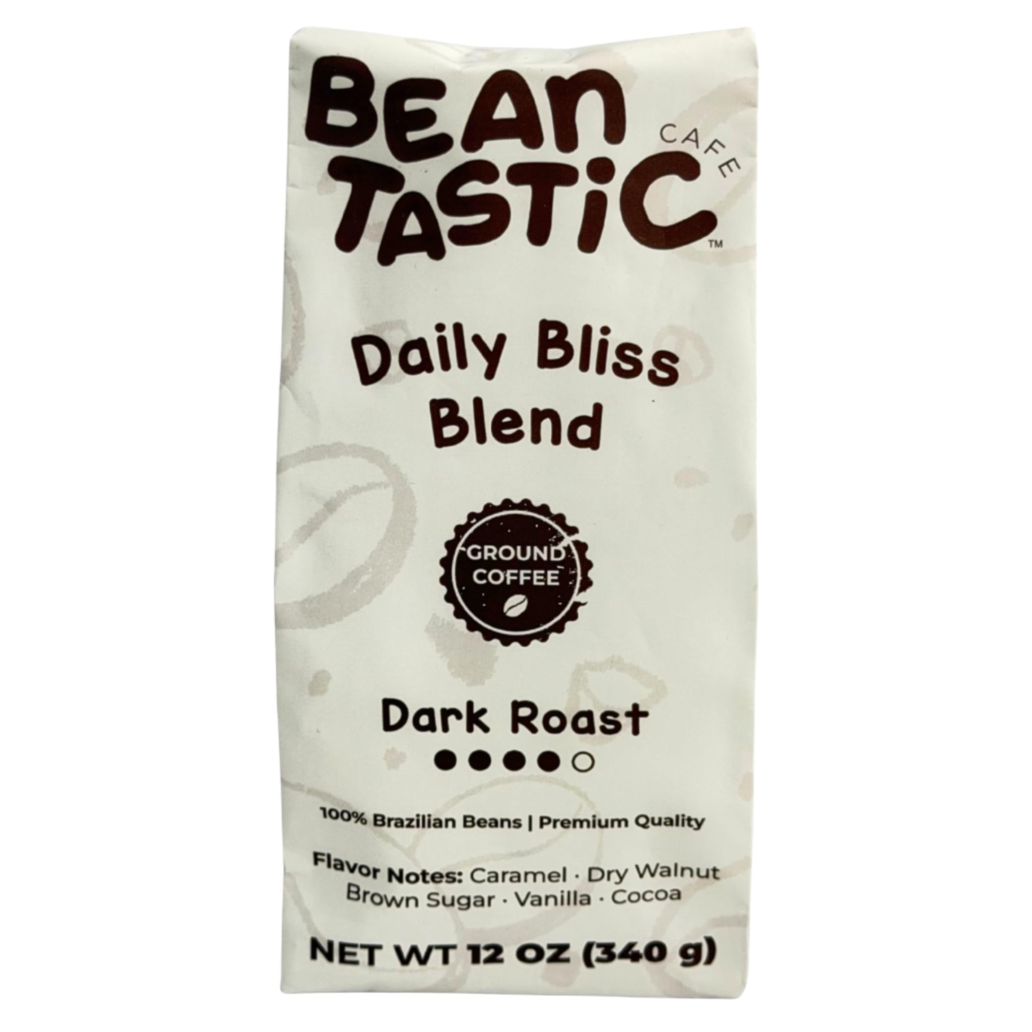 Beantastic Cafe Daily Bliss Blend Dark Roast Ground Coffee/Whole Bean Coffee, 100% Brazilian Beans, Smooth & Bold Flavor, 12 oz Bag (Whole Bean)
