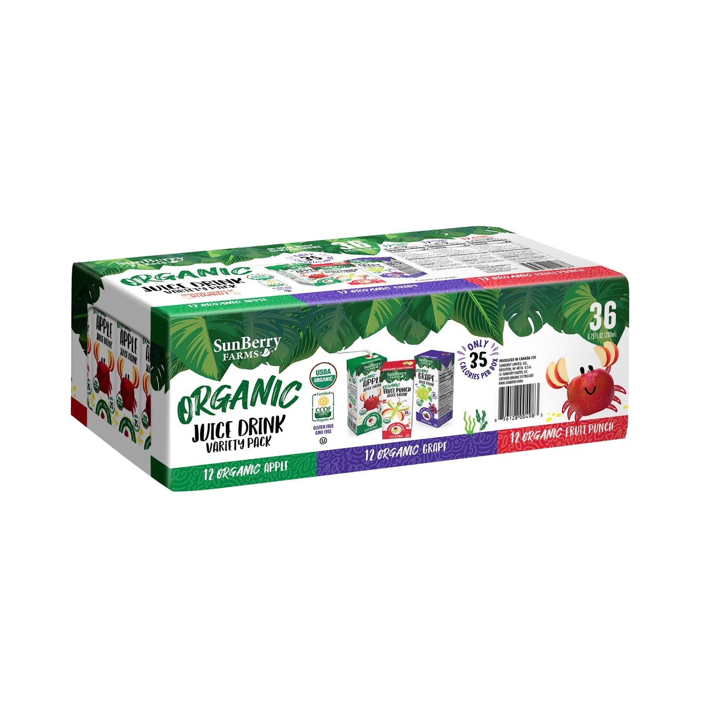 Sunberry Farms Organic Variety Pack Juice Boxes 6.75 fl oz (36 Pack) | Apple, Fruit Punch & Grape | USDA Organic Kids Drinks | No Artificial Flavors