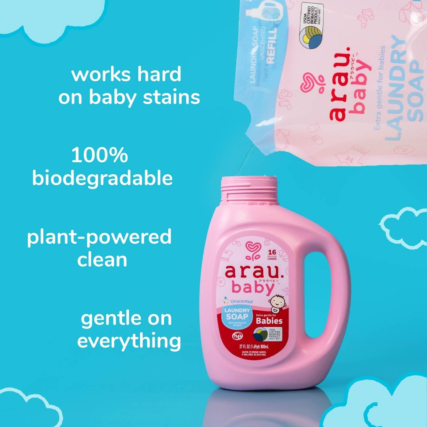 Arau Baby Laundry Soap Refill, Unscented, Plant Based Formula, Safe for Sensitive Skin, Baby Laundry Detergent with No Artificial Fragrance or