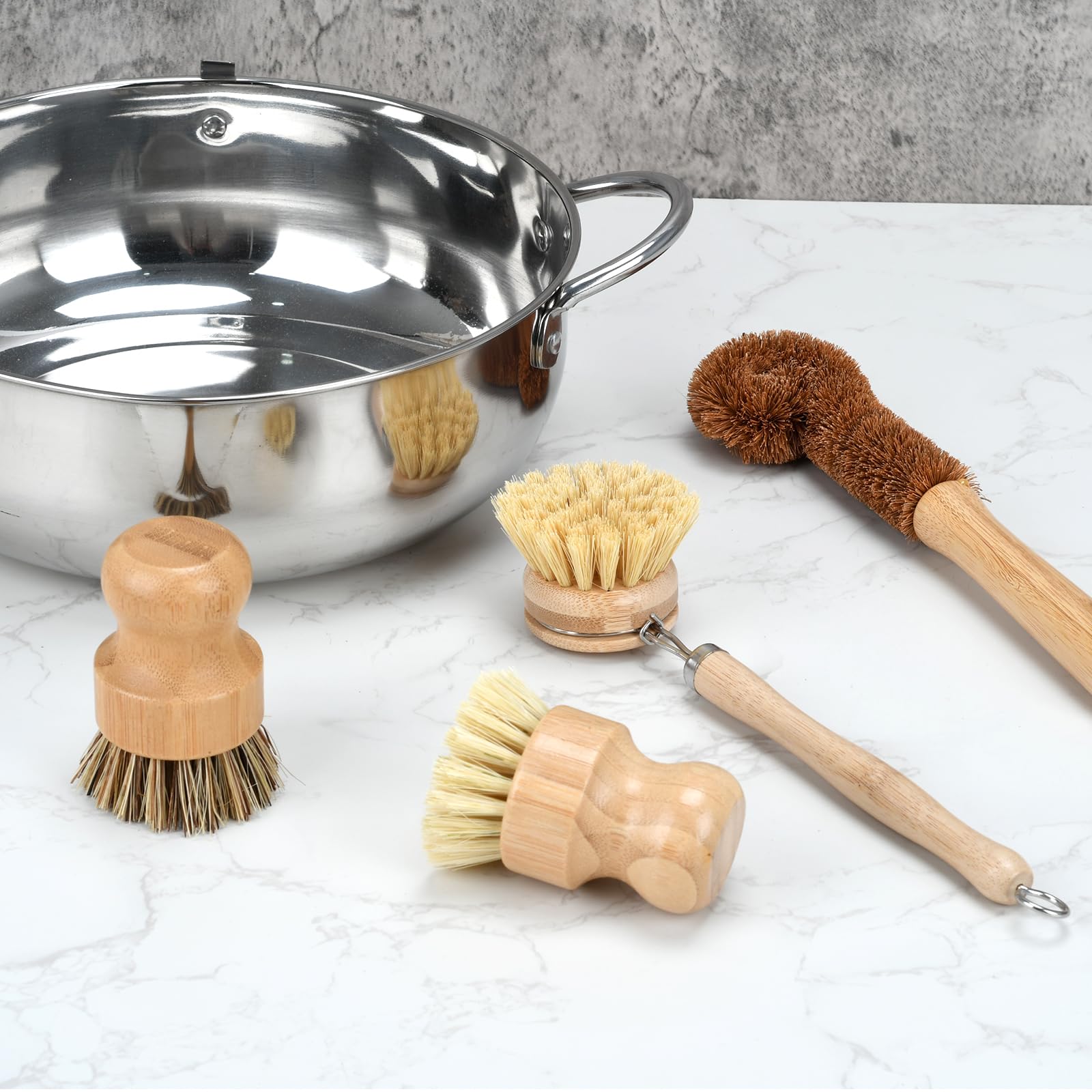 4 Piece Bamboo Dish Brush Set - Bamboo Dish Bottle Brush with Sisal, Dish Scrubber for Kitchen Cleaning Dishes, Pots, Pans