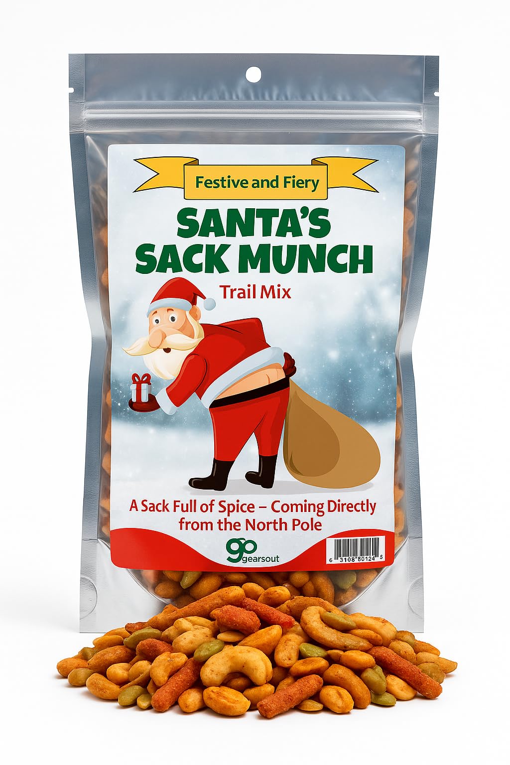 Santa's Sack Munch Spicy Trail Mix - Funny mooning Santa Claus design - Edible gifts for Men - Spicy mix, Made in the USA