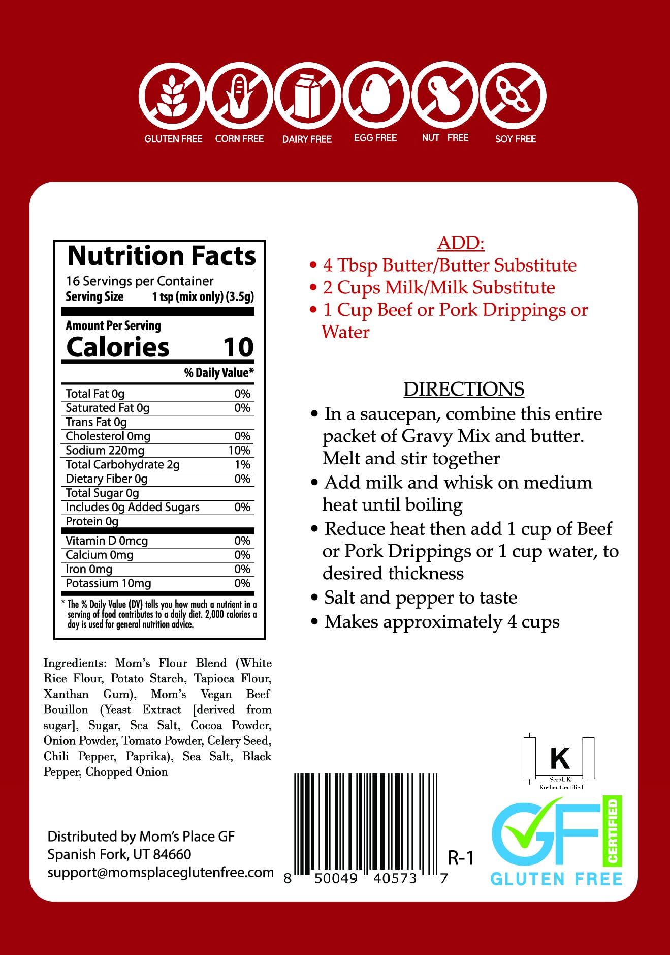 Mom's Place Gluten-Free Beef or Pork Gravy Mix, Vegan & Kosher, Soy Free, Nut Free, Dairy Free, & Corn Free, 2.0 oz, 16 Servings