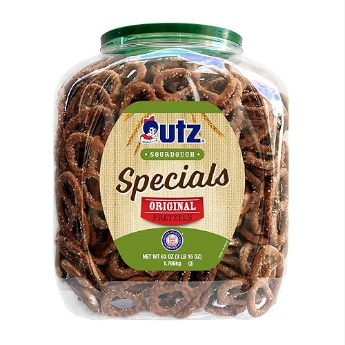 Utz Sourdough Specials Pretzels, Original, 63 oz. Barrel, Classic Pretzel Knot with Rich Sourdough Flavor, Resealable Container, Tasty Party Snack