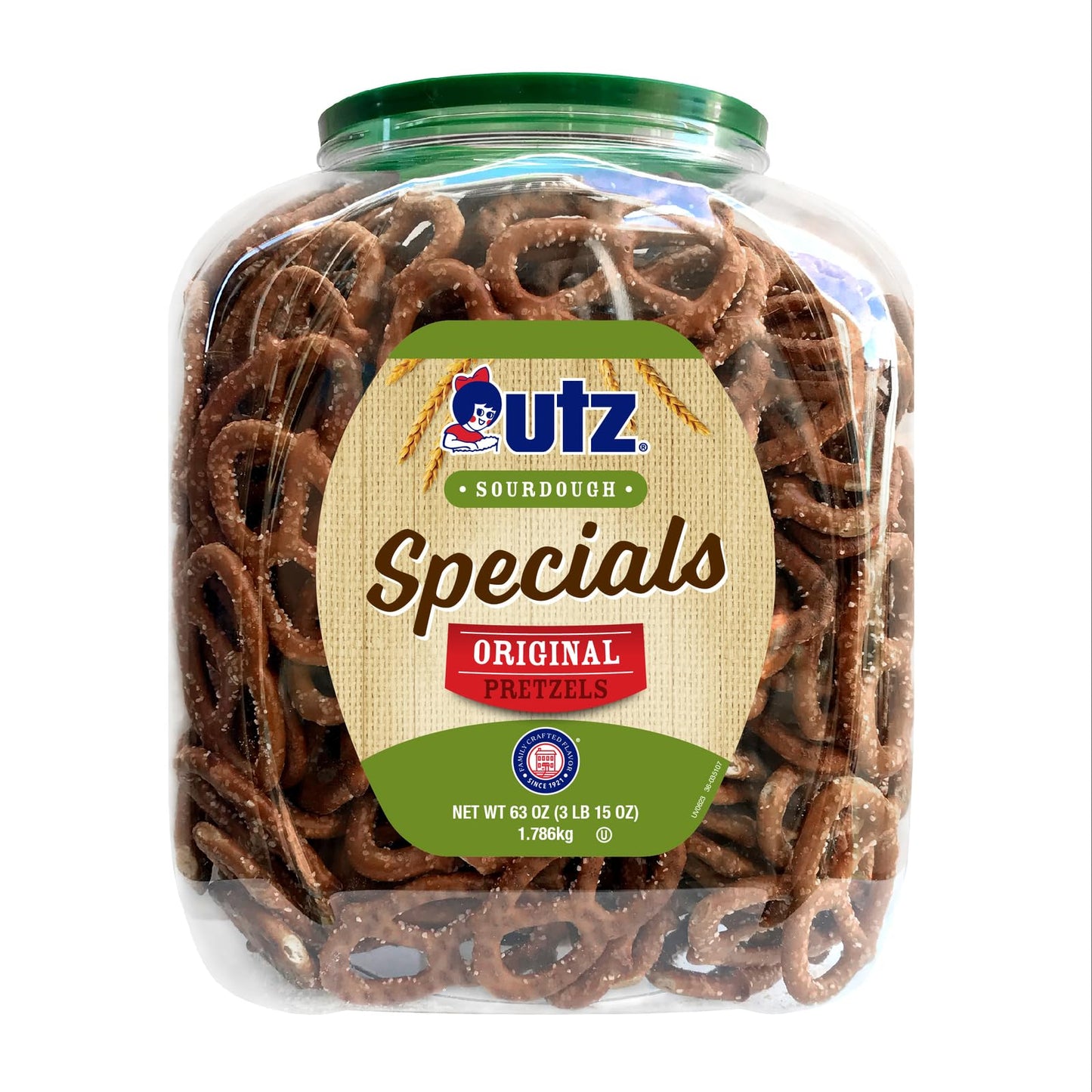 Utz Sourdough Specials Pretzels, Original, 63 oz. Barrel, Classic Pretzel Knot with Rich Sourdough Flavor, Resealable Container, Tasty Party Snack