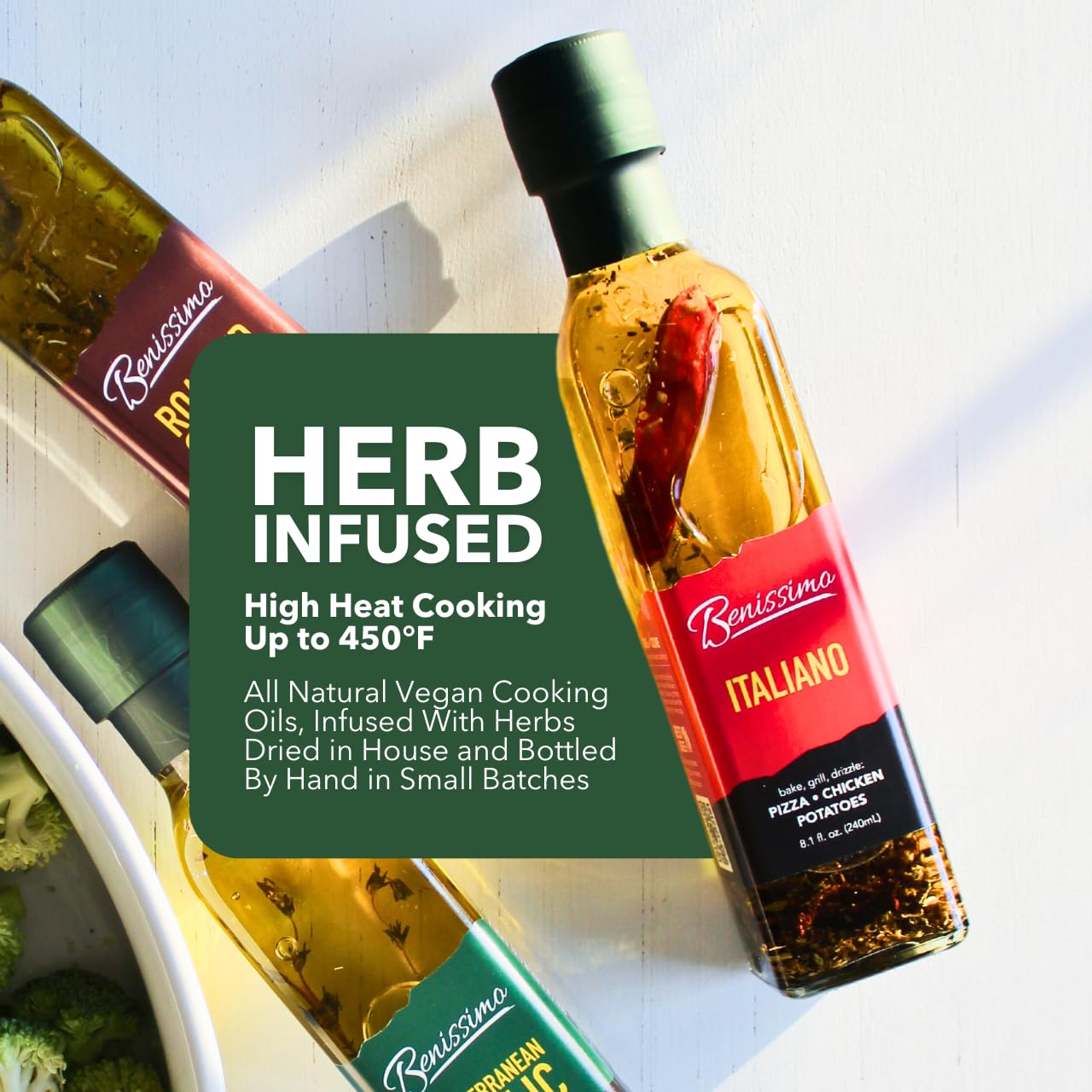 Benissimo Herb Infused Cooking Oil Chef Pack - 4 Artisan Flavored Oils: Italiano, Roasted Garlic, Mediterranean Garlic & Balsamic Garlic - Gourmet Cooking Oil Gift Set, All Natural, 8.1 fl oz Each