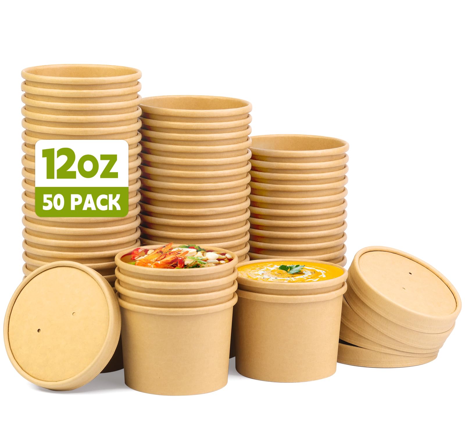 BALDCC 50 Pack Disposable Paper Soup Containers with Lids, 12 Oz Disposable Paper Soup Bowls with Lid, Paper Ice Cream Cups, Soup to go containers