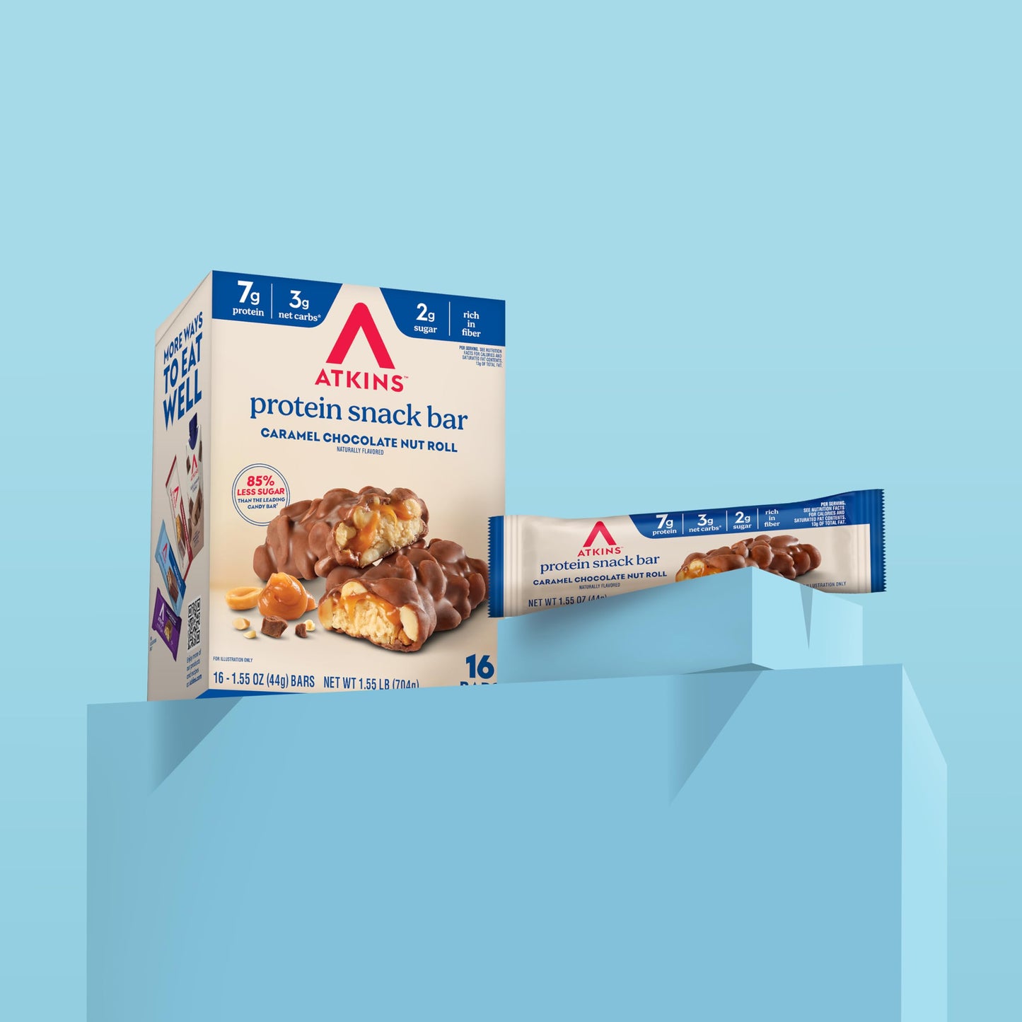 Atkins Caramel Chocolate Nut Roll Snack Bar, Protein Snack , 7g Protein, 2g Sugar, High Fiber Snack, 16 Count