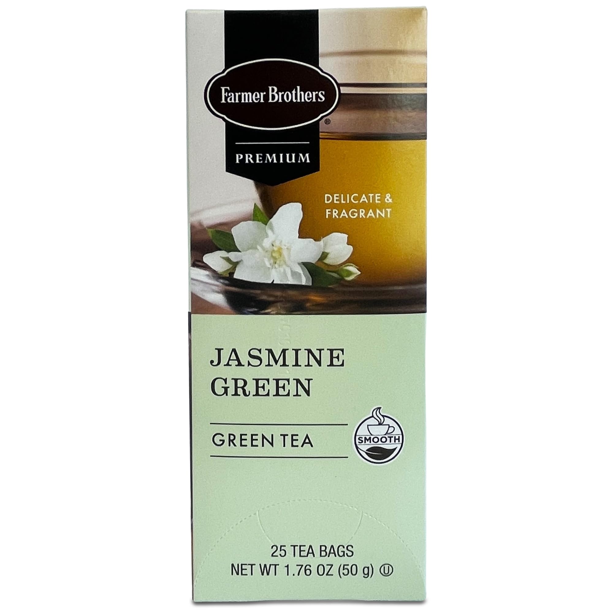 Farmer Brothers Premium Jasmine Green Tea, 25 Individually Wrapped Tea Bags - Smooth, Fragrant, Gluten-Free, Kosher Certified, Naturally Sweet