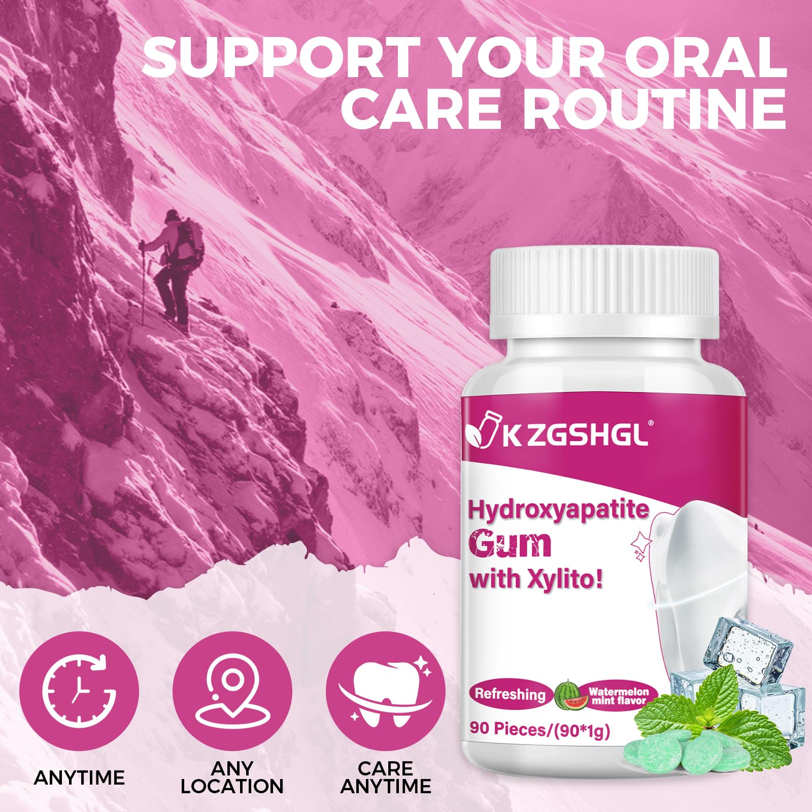 Hydroxyapatite Gum, 90 Pieces, Good for Teeth Remineralization, Sugar-Free Watermelon Chewing Gum with Xylitol, Two pieces after meals to freshen