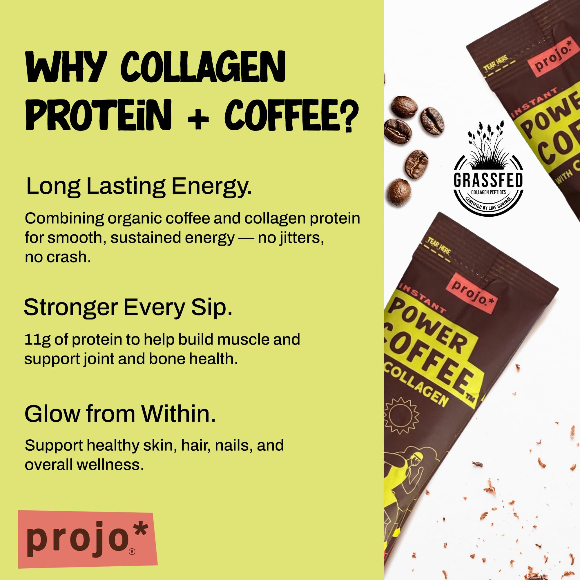 Projo* Power Coffee - Instant Coffee with 11g Protein - Grass-Fed Hydrolyzed Bovine Collagen & 175mg Caffeine - Mocha Latte Flavor - Organic - Energy
