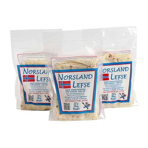 Norsland Authentic Norwegian Potato Lefse Flatbread - 3 Packages (8oz Each, 6 Rounds Total) | No Preservatives | Perfect for Holidays & Everyday Meals