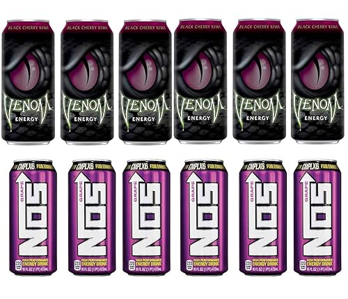 LUV BOX- variety Energy drink 16 oz. pack of 12 , VENOM BLACK CHERRY KIWI ENERGY DRINK , NOS ENERGY GRAPE CANS .by evaxo