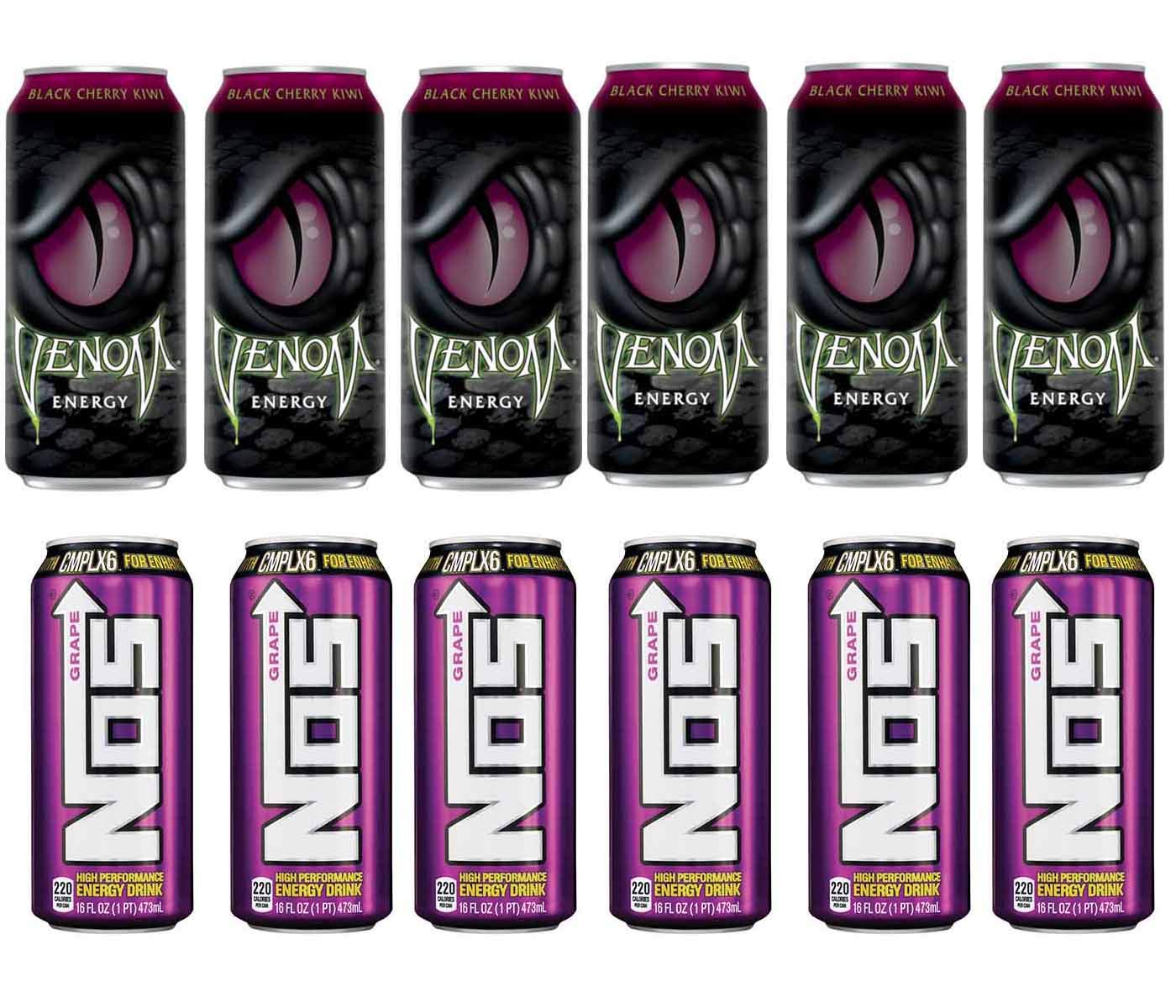 LUV BOX- variety Energy drink 16 oz. pack of 12 , VENOM BLACK CHERRY KIWI ENERGY DRINK , NOS ENERGY GRAPE CANS .by evaxo