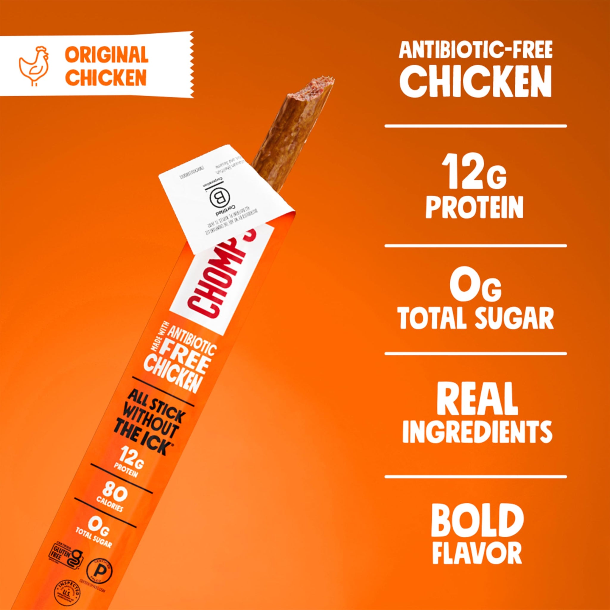 Chomps Original Chicken Jerky Meat Snack Sticks 24-Pack - Keto, Paleo, Low Carb, Whole30 Approved, 12g Lean Meat Protein, Gluten Free, Antibiotic