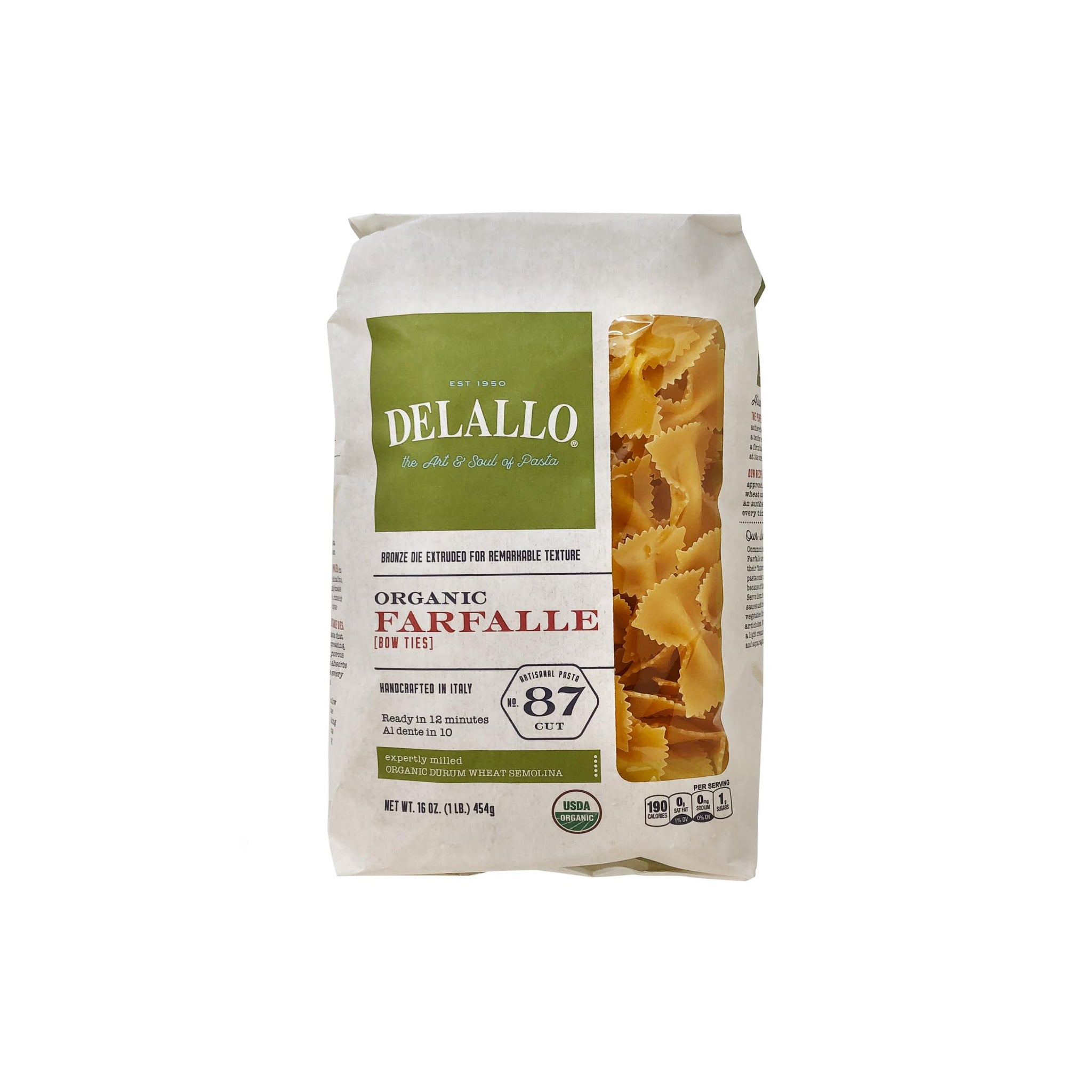 DeLallo Organic Farfalle Pasta, Made with Only 100% Semolina Durum Wheat Flour, Bronze Cut, Made in Italy, Kosher, Vegan, Non-GMO, Bow-Tie Pasta