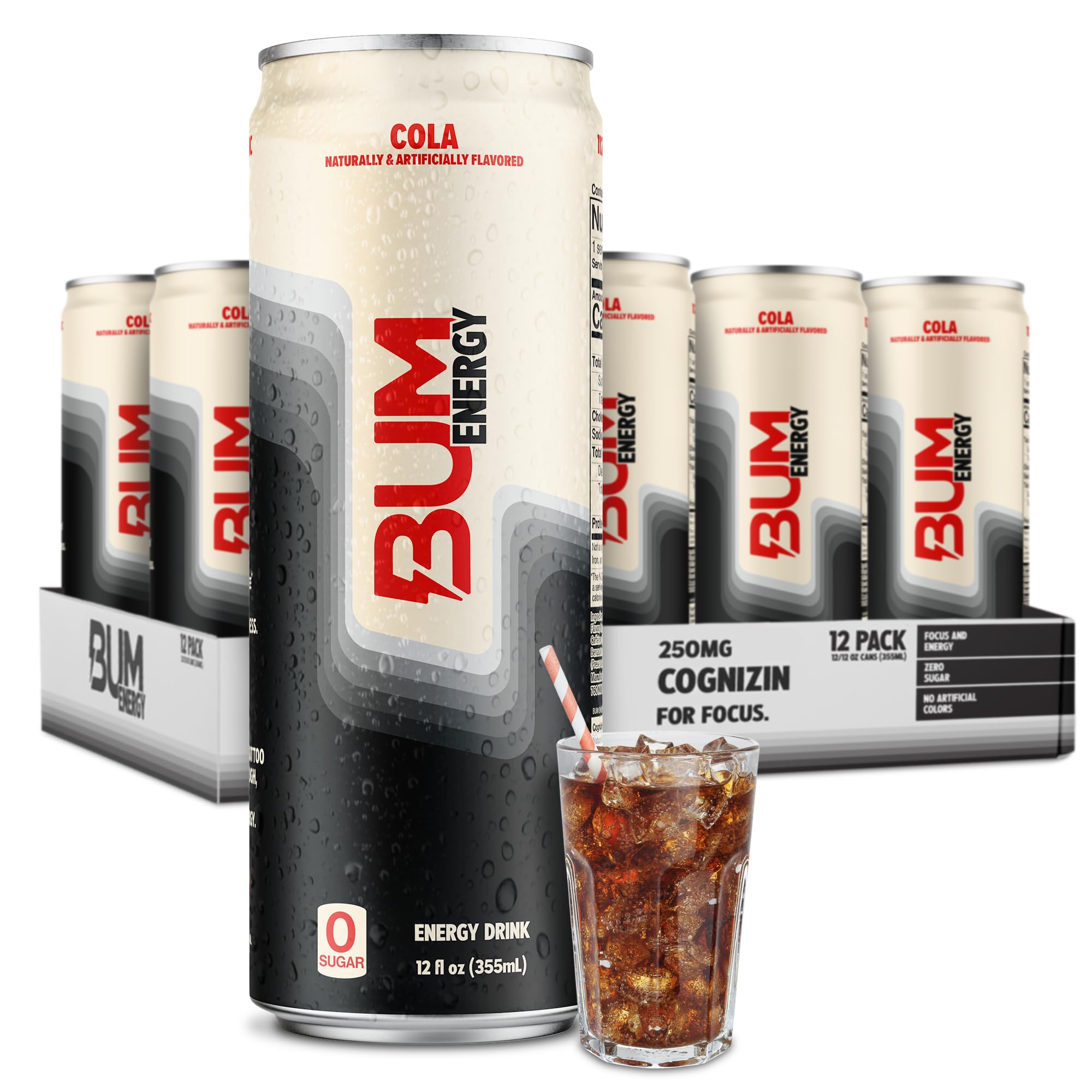 BUM Sugar-Free Energy Drink, Cola - Lightly Carbonated & No Artificial Colors, Natural Caffeine & Citicoline for Energy & Focus, Brain Boost & Workout