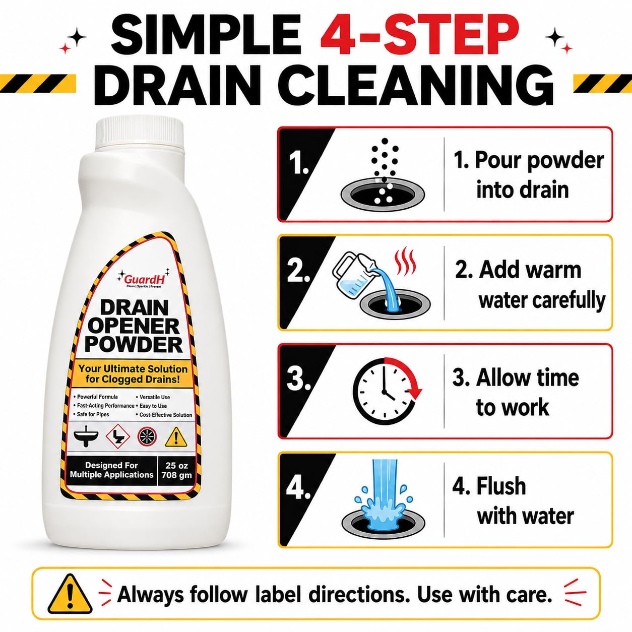 GuardH Drain Opener Powder 25 oz (708 g) - Fast-Acting Drain Cleaner for Kitchen Sink, Bathroom Drains, Shower & Pipes - Powerful Grease, Hair & Clog