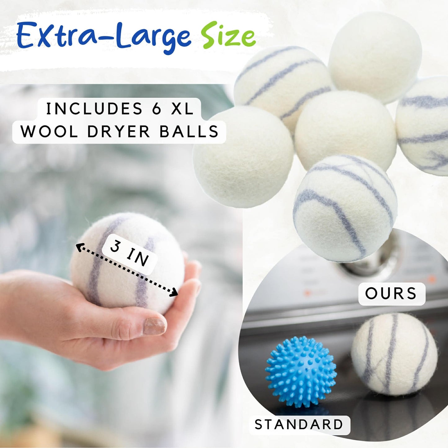 Organic Wool Dryer Balls Laundry Reusable (Set of 6) XL - 100% Pure New Zealand Wool - Natural Anti Static Fabric Softener Balls