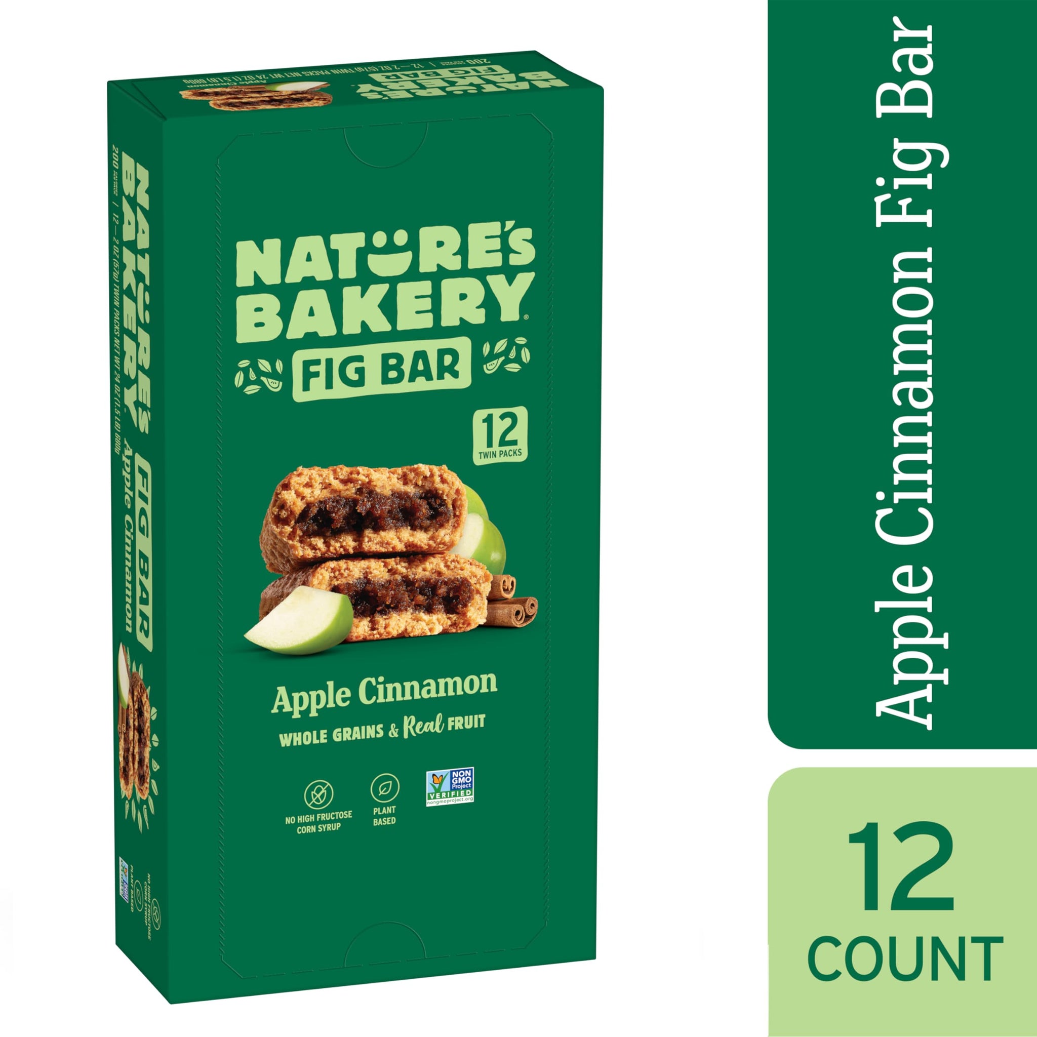 Nature's Bakery Whole Wheat Fig Bars, Apple Cinnamon, Real Fruit, Vegan, Non-GMO, Snack Bar, 1 Box With 12 Twin Packs (12 Twin Packs)