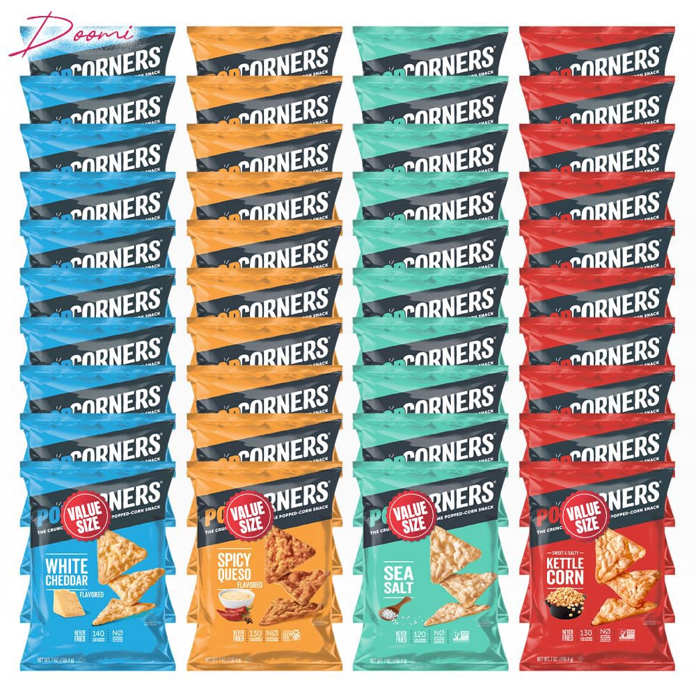 Pop-Cornners Snacks Gluten Free Chips, 5 Flavor Variety Pack 28 Count 1 oz Bags Packaged By Doomi, Individual Snack Bags in Sea Salt, White Cheddar