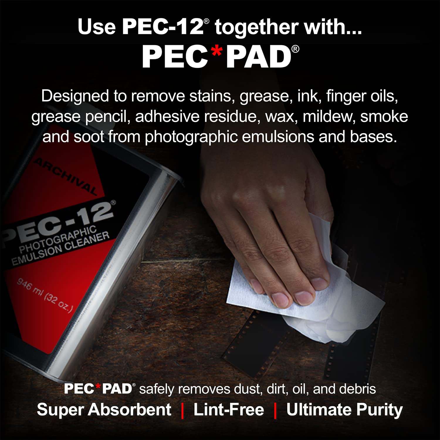 PEC-12 Photographic Emulsion Cleaner Kit and PEC-PAD Lint Free Non-Abrasive Wipes 4"x4" 100 Sheets per/Pkg - for Cleaning Film, Photo Negative, B&W