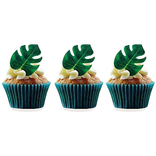 48pcs Edible Tropical Turtle Leaves Cupcake Toppers, CGHCEAI Palm Leaves Cake Decoration For Hawaii Theme Jungle Party Cake Toppers Birthday Party